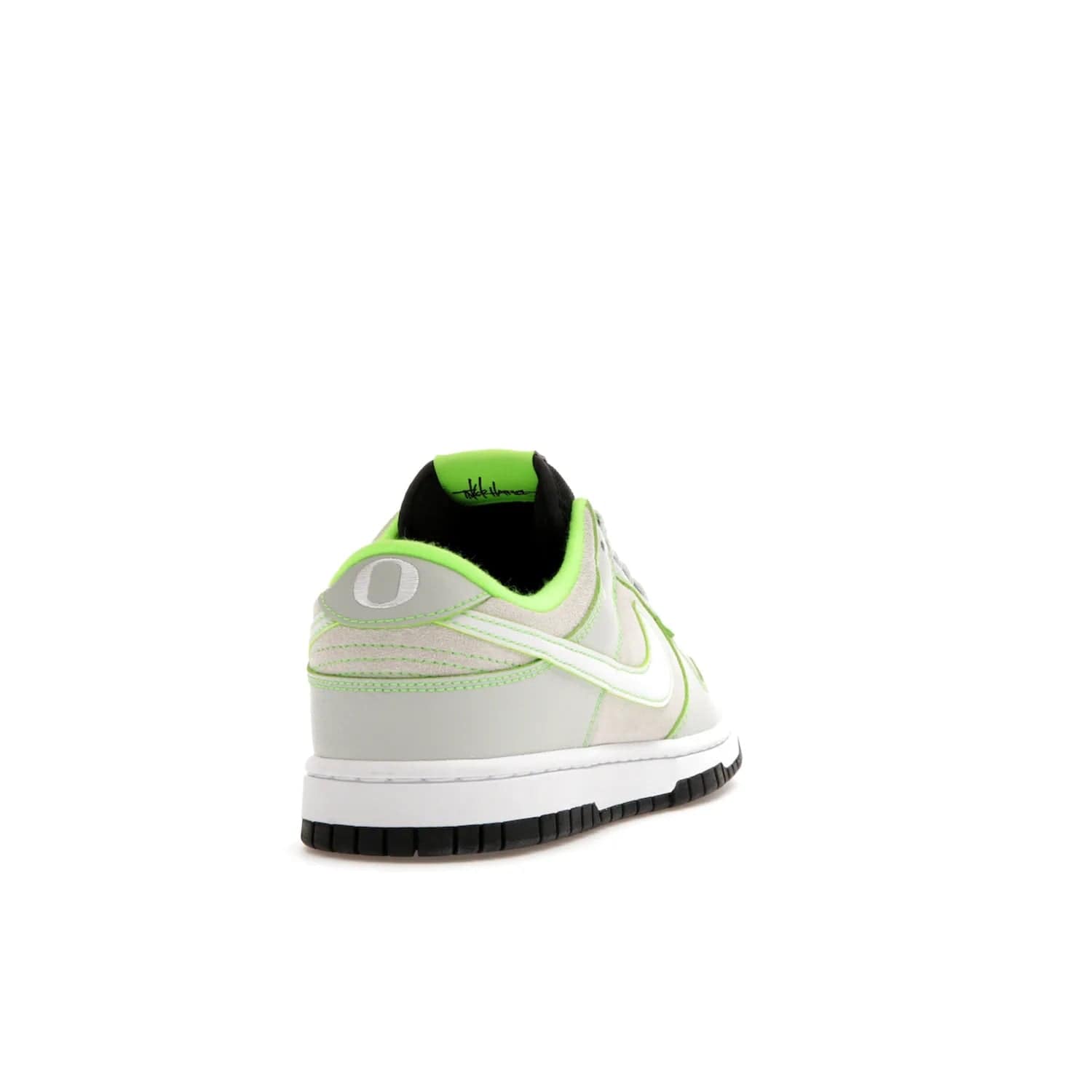 Nike Dunk Low University of Oregon PE (2023) - Image 30 - Only at www.BallersClubKickz.com - Sleek Light Silver and White upper, complemented by Black and Electric Green accents. Nike Dunk Low University of Oregon PE, set to be released April 2023. Must-have for any serious fan.