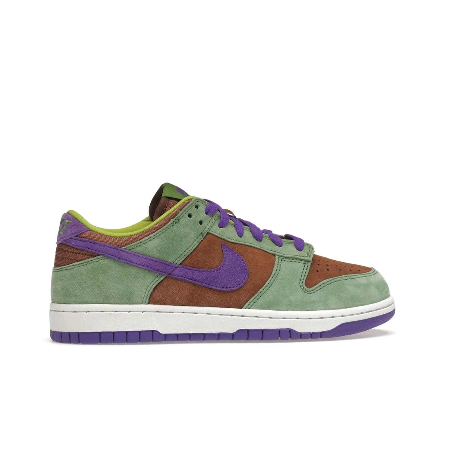 Nike Dunk Low Veneer (2020) - Image 36 - Only at www.BallersClubKickz.com - A classic Nike Dunk Low returns with its OG features. The Veneer/Autumn Green-Deep Purple colorway, mesh tongue, white and purple sole and embroidered heel lettering make this 2020 Sneaker a must-have. Add it to your collection!