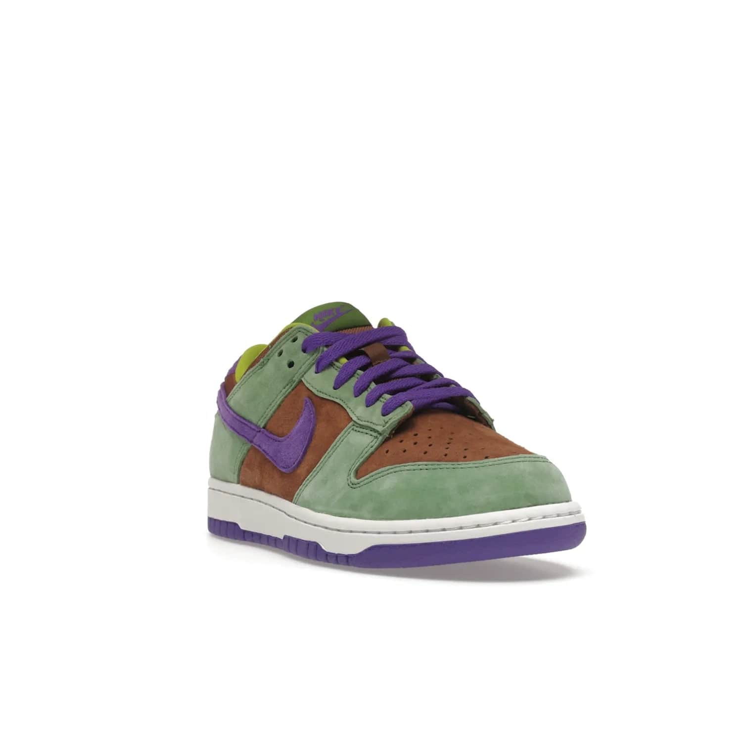 Nike Dunk Low Veneer (2020) - Image 7 - Only at www.BallersClubKickz.com - A classic Nike Dunk Low returns with its OG features. The Veneer/Autumn Green-Deep Purple colorway, mesh tongue, white and purple sole and embroidered heel lettering make this 2020 Sneaker a must-have. Add it to your collection!