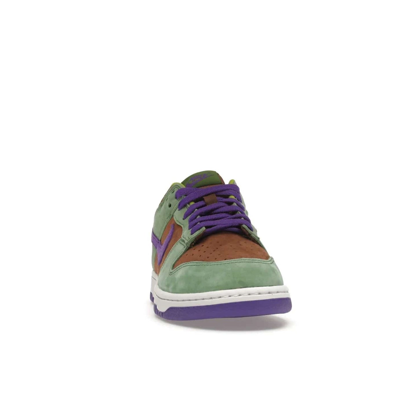 Nike Dunk Low Veneer (2020) - Image 9 - Only at www.BallersClubKickz.com - A classic Nike Dunk Low returns with its OG features. The Veneer/Autumn Green-Deep Purple colorway, mesh tongue, white and purple sole and embroidered heel lettering make this 2020 Sneaker a must-have. Add it to your collection!
