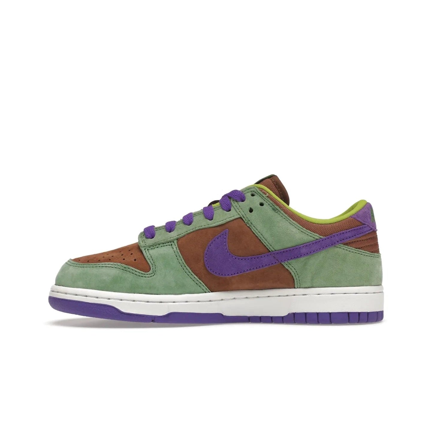 Nike Dunk Low Veneer (2020) - Image 19 - Only at www.BallersClubKickz.com - A classic Nike Dunk Low returns with its OG features. The Veneer/Autumn Green-Deep Purple colorway, mesh tongue, white and purple sole and embroidered heel lettering make this 2020 Sneaker a must-have. Add it to your collection!
