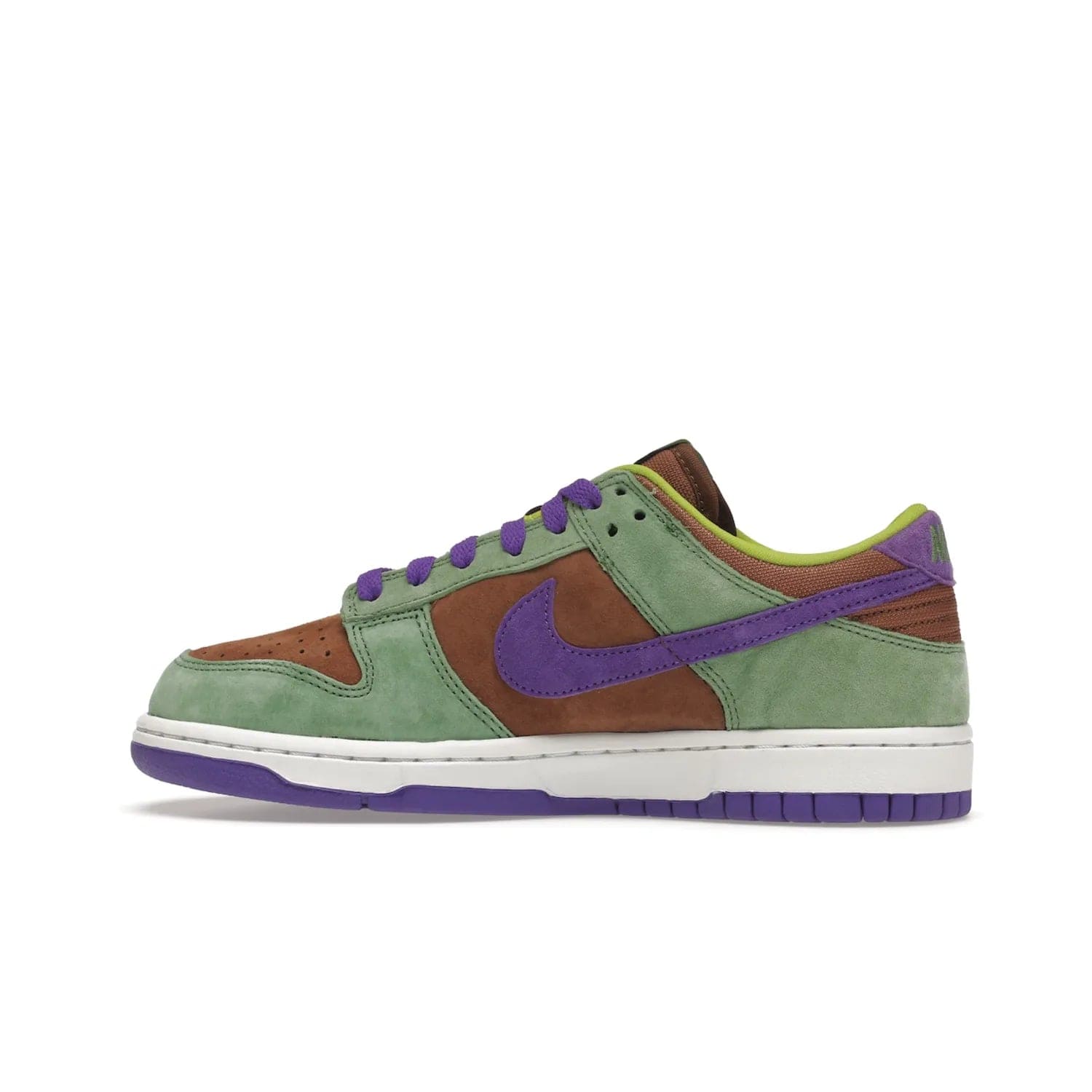Nike Dunk Low Veneer (2020) - Image 20 - Only at www.BallersClubKickz.com - A classic Nike Dunk Low returns with its OG features. The Veneer/Autumn Green-Deep Purple colorway, mesh tongue, white and purple sole and embroidered heel lettering make this 2020 Sneaker a must-have. Add it to your collection!