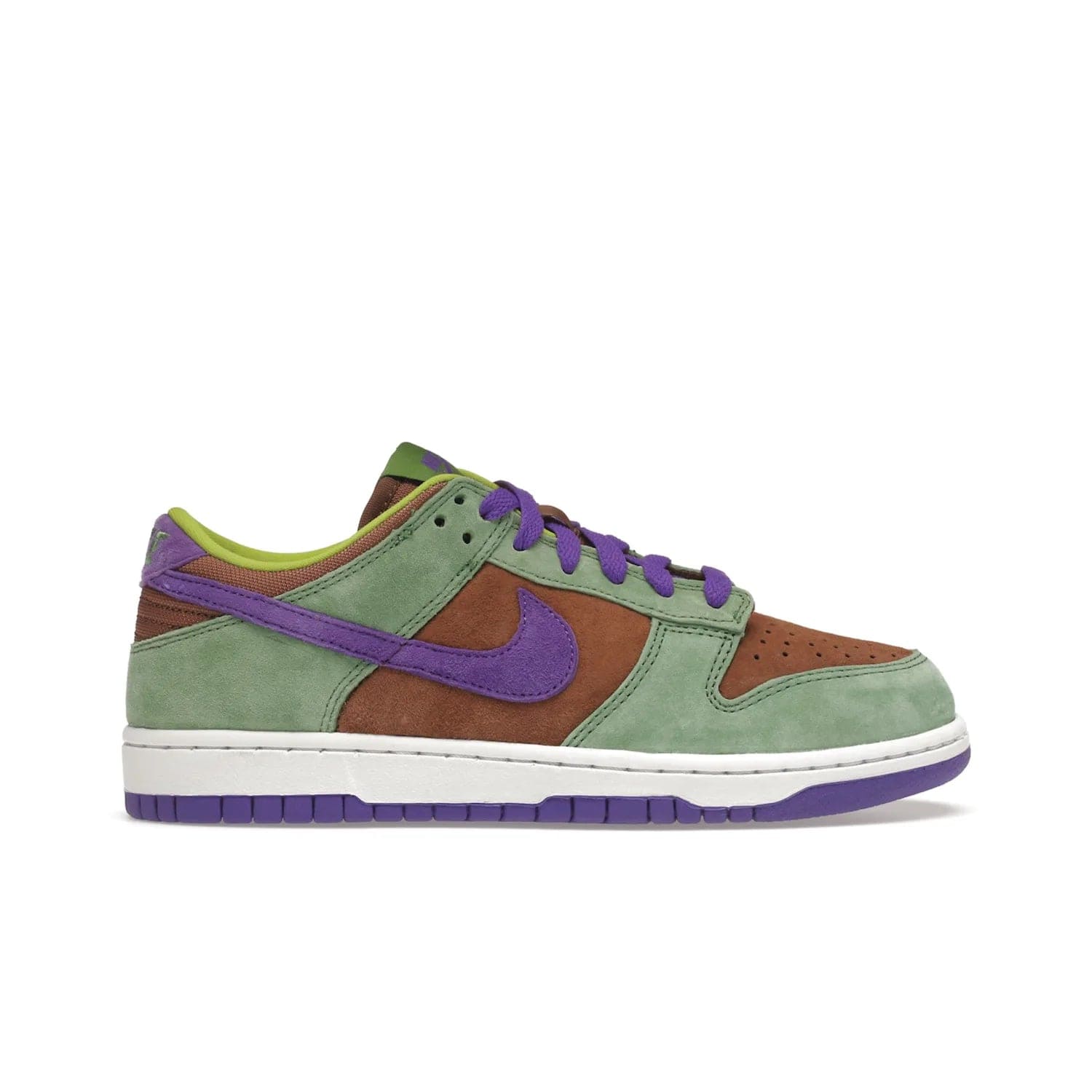 Nike Dunk Low Veneer (2020) - Image 1 - Only at www.BallersClubKickz.com - A classic Nike Dunk Low returns with its OG features. The Veneer/Autumn Green-Deep Purple colorway, mesh tongue, white and purple sole and embroidered heel lettering make this 2020 Sneaker a must-have. Add it to your collection!