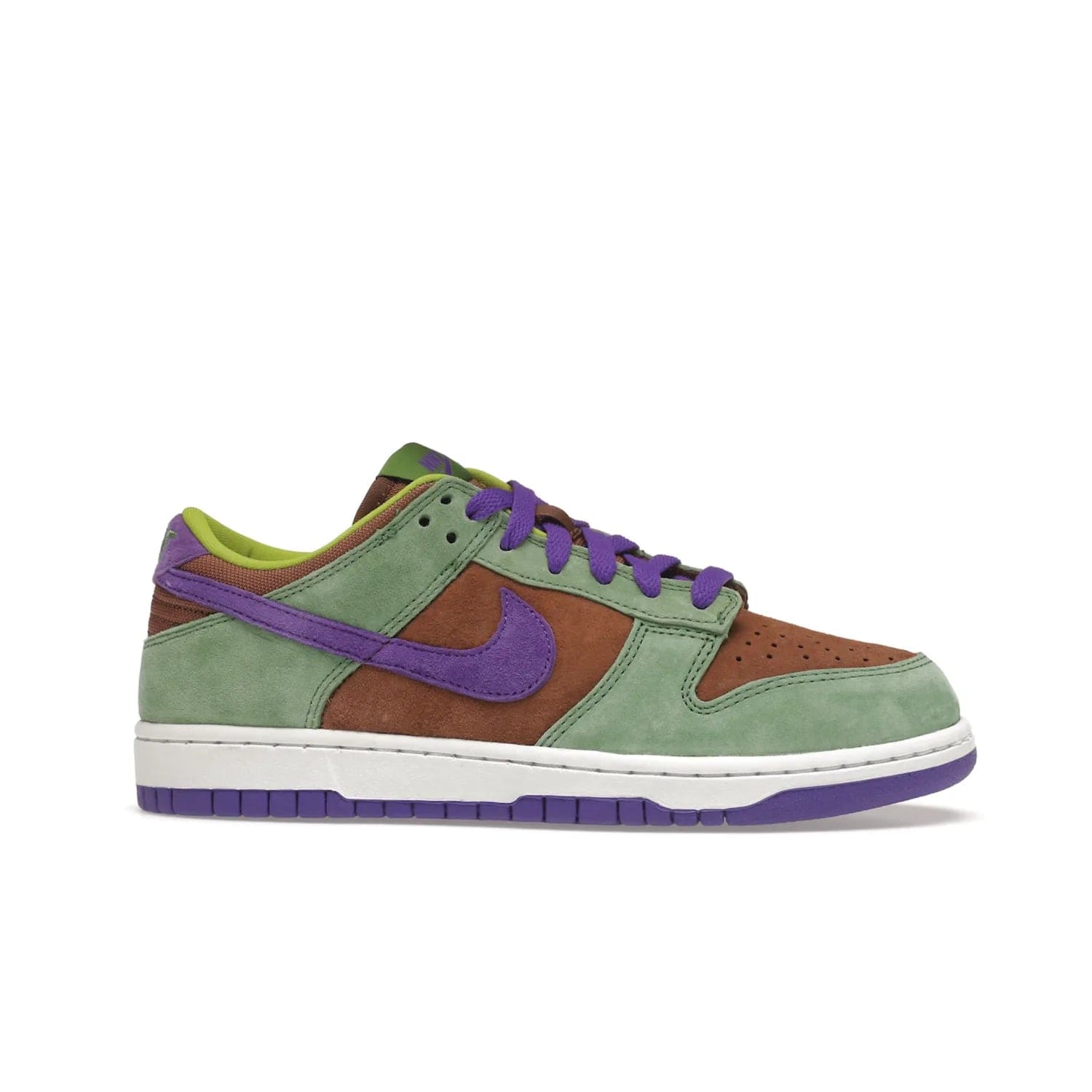 Nike Dunk Low Veneer (2020) - Image 2 - Only at www.BallersClubKickz.com - A classic Nike Dunk Low returns with its OG features. The Veneer/Autumn Green-Deep Purple colorway, mesh tongue, white and purple sole and embroidered heel lettering make this 2020 Sneaker a must-have. Add it to your collection!