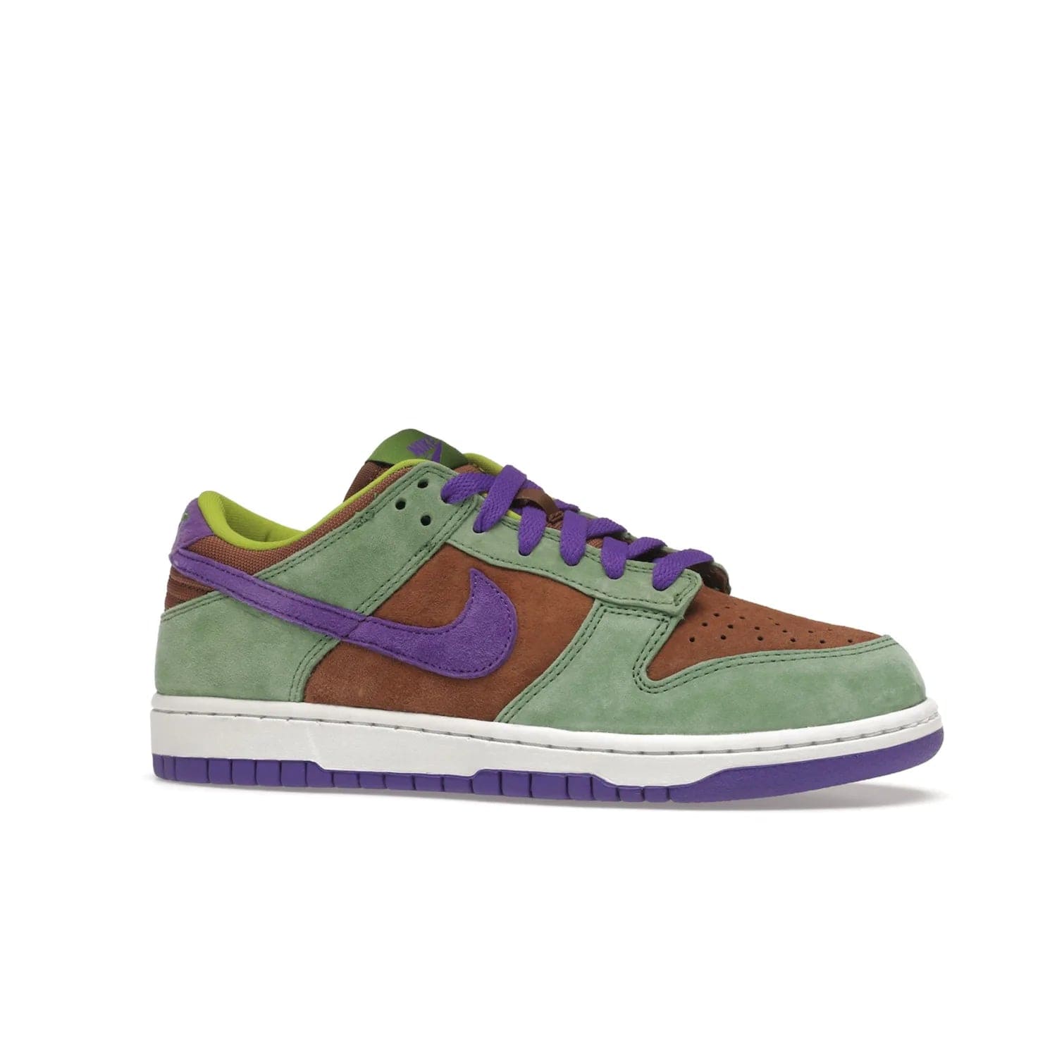 Nike Dunk Low Veneer (2020) - Image 3 - Only at www.BallersClubKickz.com - A classic Nike Dunk Low returns with its OG features. The Veneer/Autumn Green-Deep Purple colorway, mesh tongue, white and purple sole and embroidered heel lettering make this 2020 Sneaker a must-have. Add it to your collection!