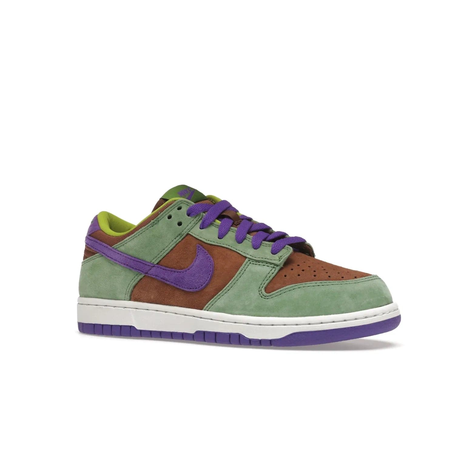 Nike Dunk Low Veneer (2020) - Image 4 - Only at www.BallersClubKickz.com - A classic Nike Dunk Low returns with its OG features. The Veneer/Autumn Green-Deep Purple colorway, mesh tongue, white and purple sole and embroidered heel lettering make this 2020 Sneaker a must-have. Add it to your collection!
