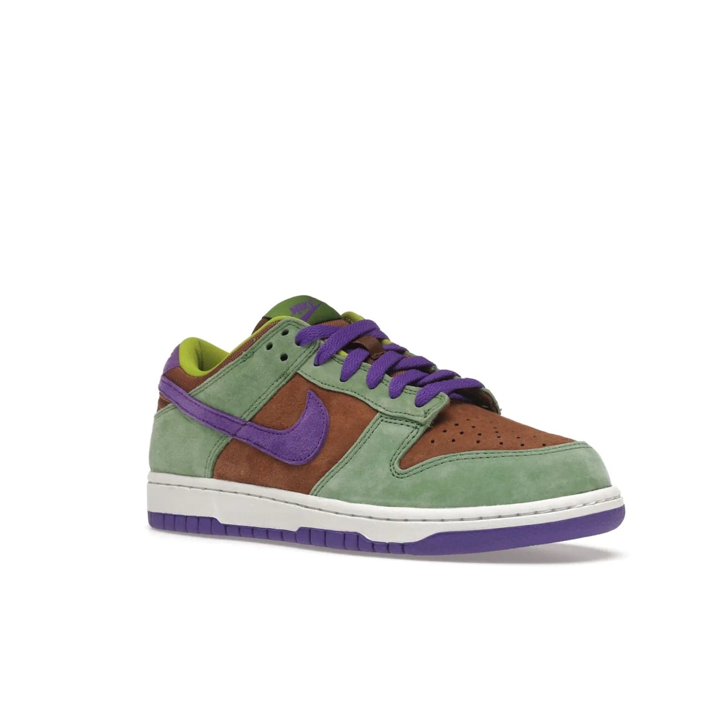 Nike Dunk Low Veneer (2020) - Image 5 - Only at www.BallersClubKickz.com - A classic Nike Dunk Low returns with its OG features. The Veneer/Autumn Green-Deep Purple colorway, mesh tongue, white and purple sole and embroidered heel lettering make this 2020 Sneaker a must-have. Add it to your collection!
