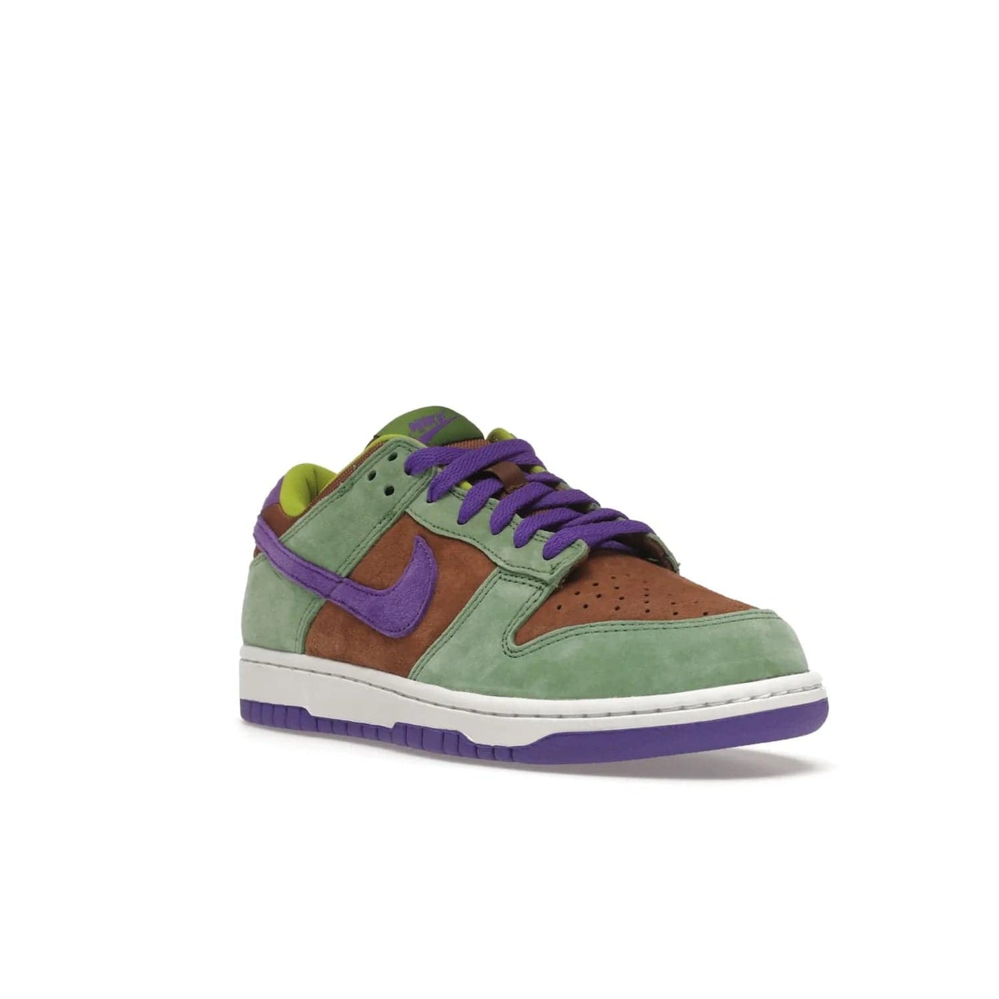Nike Dunk Low Veneer (2020) - Image 6 - Only at www.BallersClubKickz.com - A classic Nike Dunk Low returns with its OG features. The Veneer/Autumn Green-Deep Purple colorway, mesh tongue, white and purple sole and embroidered heel lettering make this 2020 Sneaker a must-have. Add it to your collection!