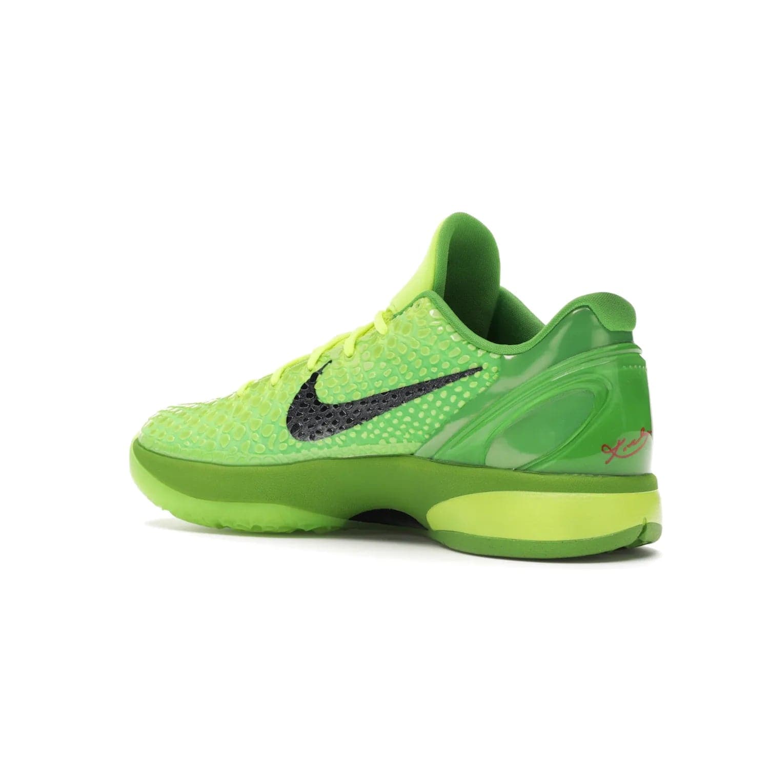 Nike Kobe 6 Protro Grinch (2020) - Image 23 - Only at www.BallersClubKickz.com - #
The Nike Kobe 6 Protro Grinch updates the iconic 2011 design with modern tech like a Zoom Air cushioning system, scaled-down traction, and updated silhouette. Experience the textured Green Apple and Volt upper plus bright red and green accents for $180.