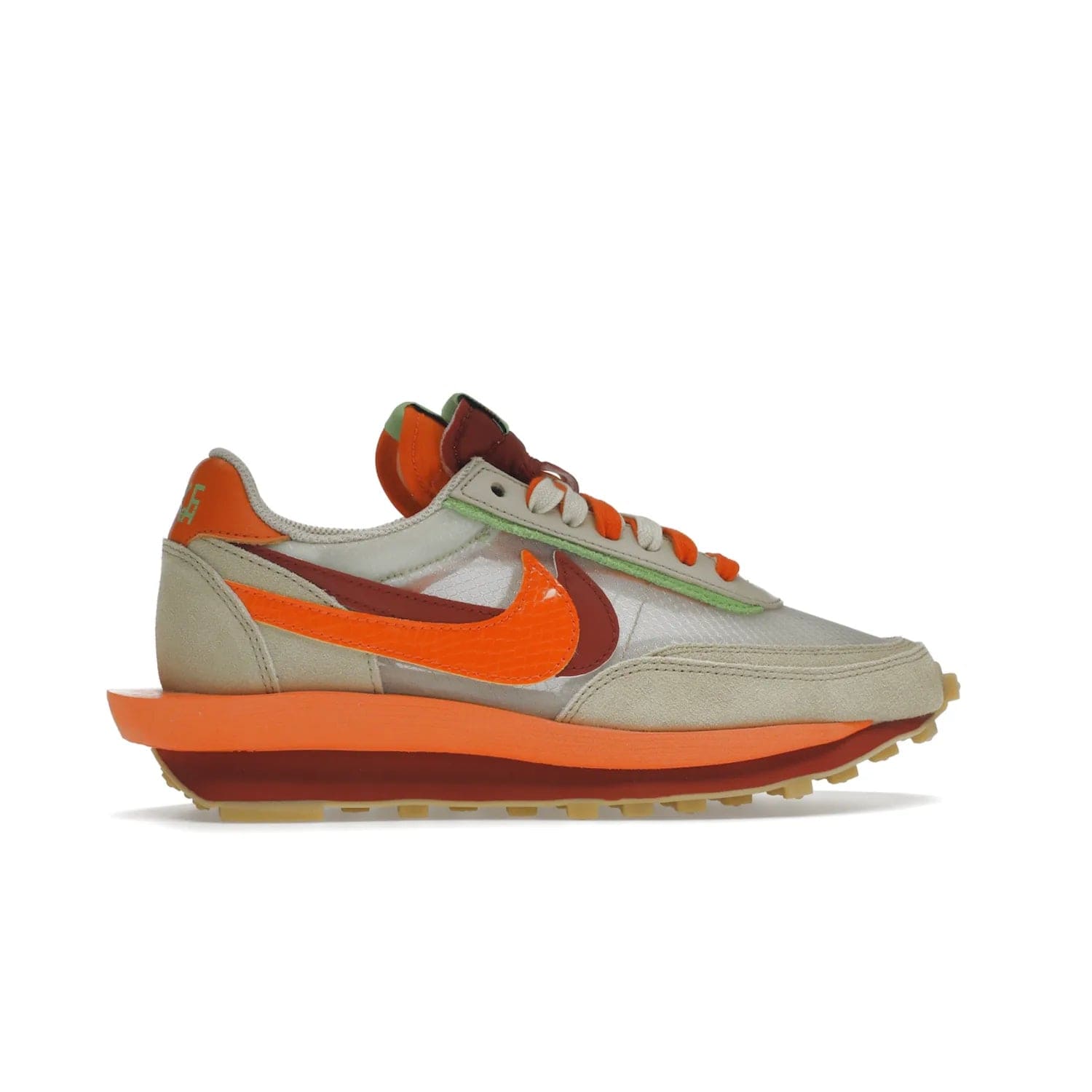 Nike LD Waffle sacai CLOT Kiss of Death Net Orange Blaze - Image 36 - Only at www.BallersClubKickz.com - A bold and stylish Nike LD Waffle sacai CLOT Kiss of Death Net Orange Blaze sneaker featuring a unique off-white, Deep Red & Orange Blaze Swooshes, two-toned stacked sole and doubled tongue. Available in September 2021. Make a statement.