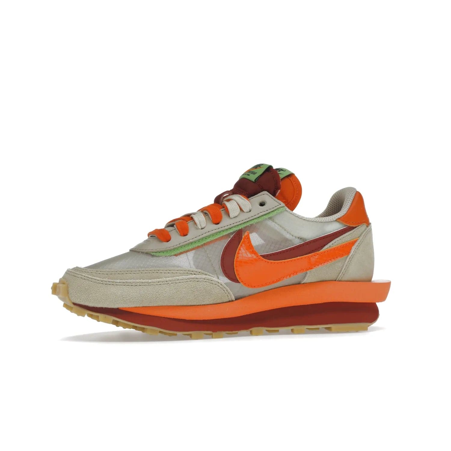 Nike LD Waffle sacai CLOT Kiss of Death Net Orange Blaze - Image 17 - Only at www.BallersClubKickz.com - A bold and stylish Nike LD Waffle sacai CLOT Kiss of Death Net Orange Blaze sneaker featuring a unique off-white, Deep Red & Orange Blaze Swooshes, two-toned stacked sole and doubled tongue. Available in September 2021. Make a statement.