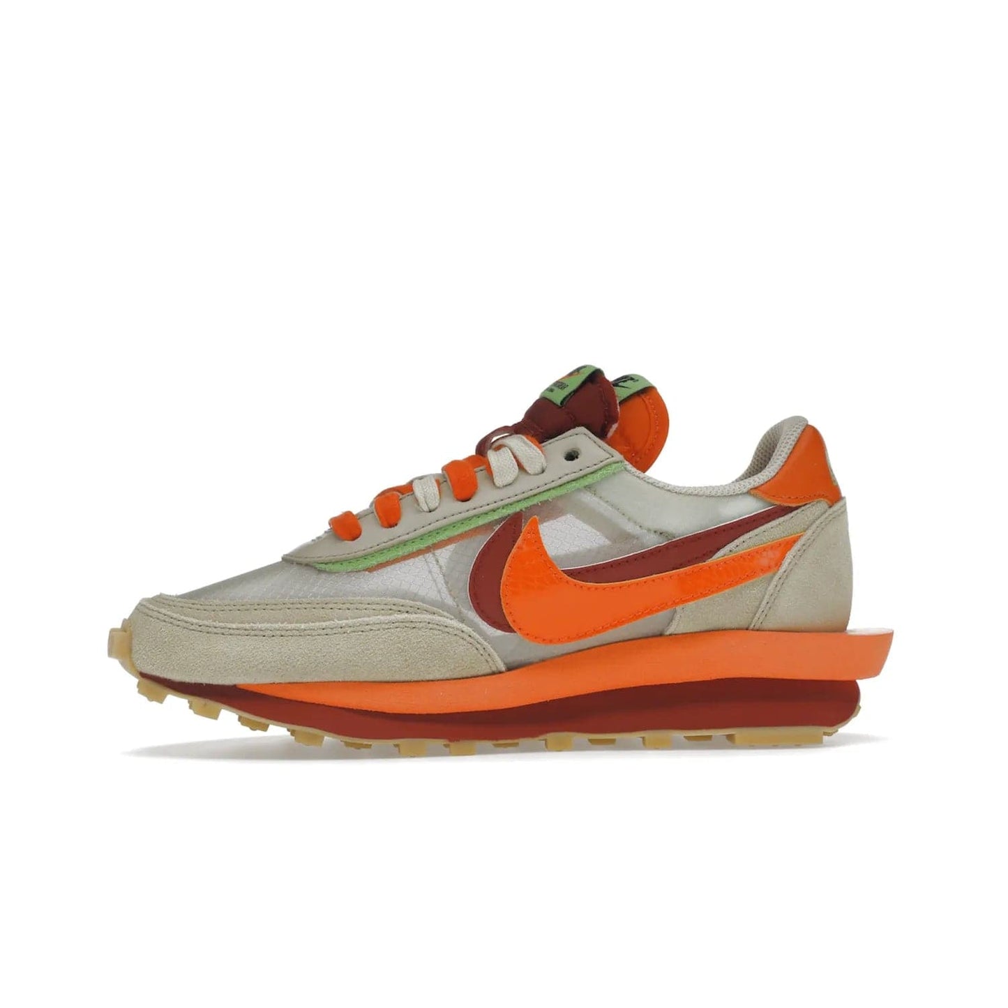 Nike LD Waffle sacai CLOT Kiss of Death Net Orange Blaze - Image 18 - Only at www.BallersClubKickz.com - A bold and stylish Nike LD Waffle sacai CLOT Kiss of Death Net Orange Blaze sneaker featuring a unique off-white, Deep Red & Orange Blaze Swooshes, two-toned stacked sole and doubled tongue. Available in September 2021. Make a statement.