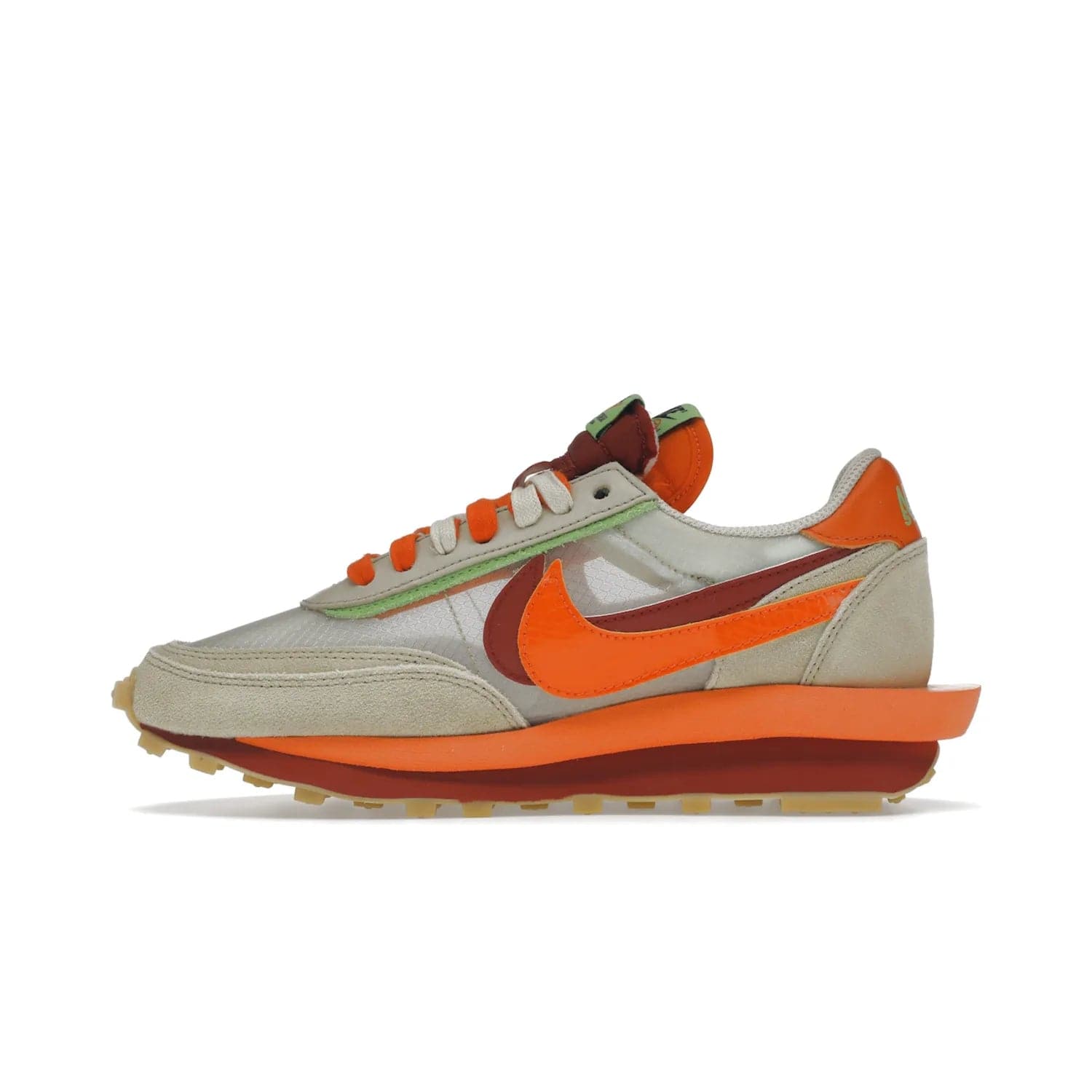 Nike LD Waffle sacai CLOT Kiss of Death Net Orange Blaze - Image 19 - Only at www.BallersClubKickz.com - A bold and stylish Nike LD Waffle sacai CLOT Kiss of Death Net Orange Blaze sneaker featuring a unique off-white, Deep Red & Orange Blaze Swooshes, two-toned stacked sole and doubled tongue. Available in September 2021. Make a statement.