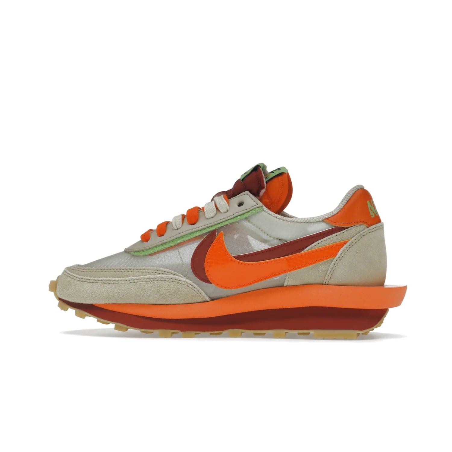 Nike LD Waffle sacai CLOT Kiss of Death Net Orange Blaze - Image 20 - Only at www.BallersClubKickz.com - A bold and stylish Nike LD Waffle sacai CLOT Kiss of Death Net Orange Blaze sneaker featuring a unique off-white, Deep Red & Orange Blaze Swooshes, two-toned stacked sole and doubled tongue. Available in September 2021. Make a statement.