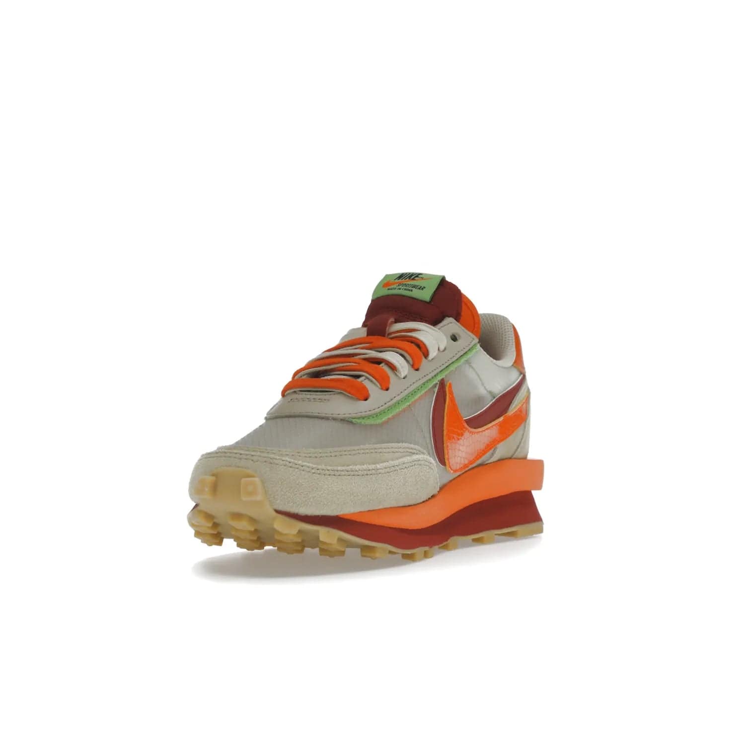 Nike LD Waffle sacai CLOT Kiss of Death Net Orange Blaze - Image 13 - Only at www.BallersClubKickz.com - A bold and stylish Nike LD Waffle sacai CLOT Kiss of Death Net Orange Blaze sneaker featuring a unique off-white, Deep Red & Orange Blaze Swooshes, two-toned stacked sole and doubled tongue. Available in September 2021. Make a statement.