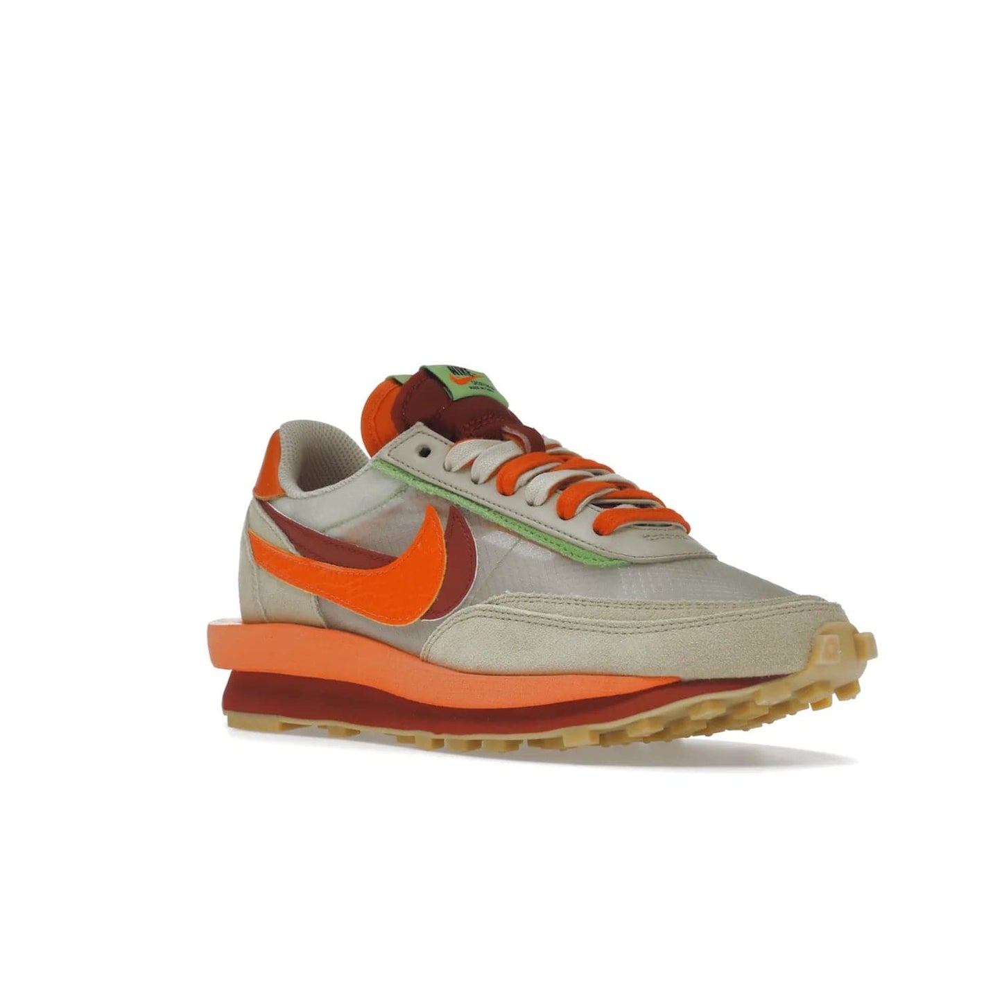 Nike LD Waffle sacai CLOT Kiss of Death Net Orange Blaze - Image 5 - Only at www.BallersClubKickz.com - A bold and stylish Nike LD Waffle sacai CLOT Kiss of Death Net Orange Blaze sneaker featuring a unique off-white, Deep Red & Orange Blaze Swooshes, two-toned stacked sole and doubled tongue. Available in September 2021. Make a statement.
