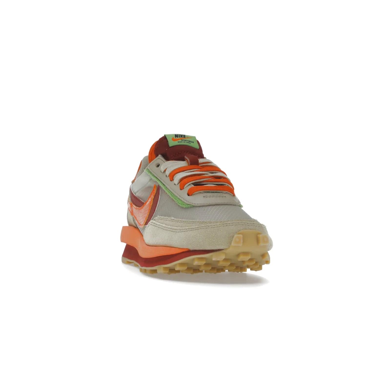 Nike LD Waffle sacai CLOT Kiss of Death Net Orange Blaze - Image 8 - Only at www.BallersClubKickz.com - A bold and stylish Nike LD Waffle sacai CLOT Kiss of Death Net Orange Blaze sneaker featuring a unique off-white, Deep Red & Orange Blaze Swooshes, two-toned stacked sole and doubled tongue. Available in September 2021. Make a statement.