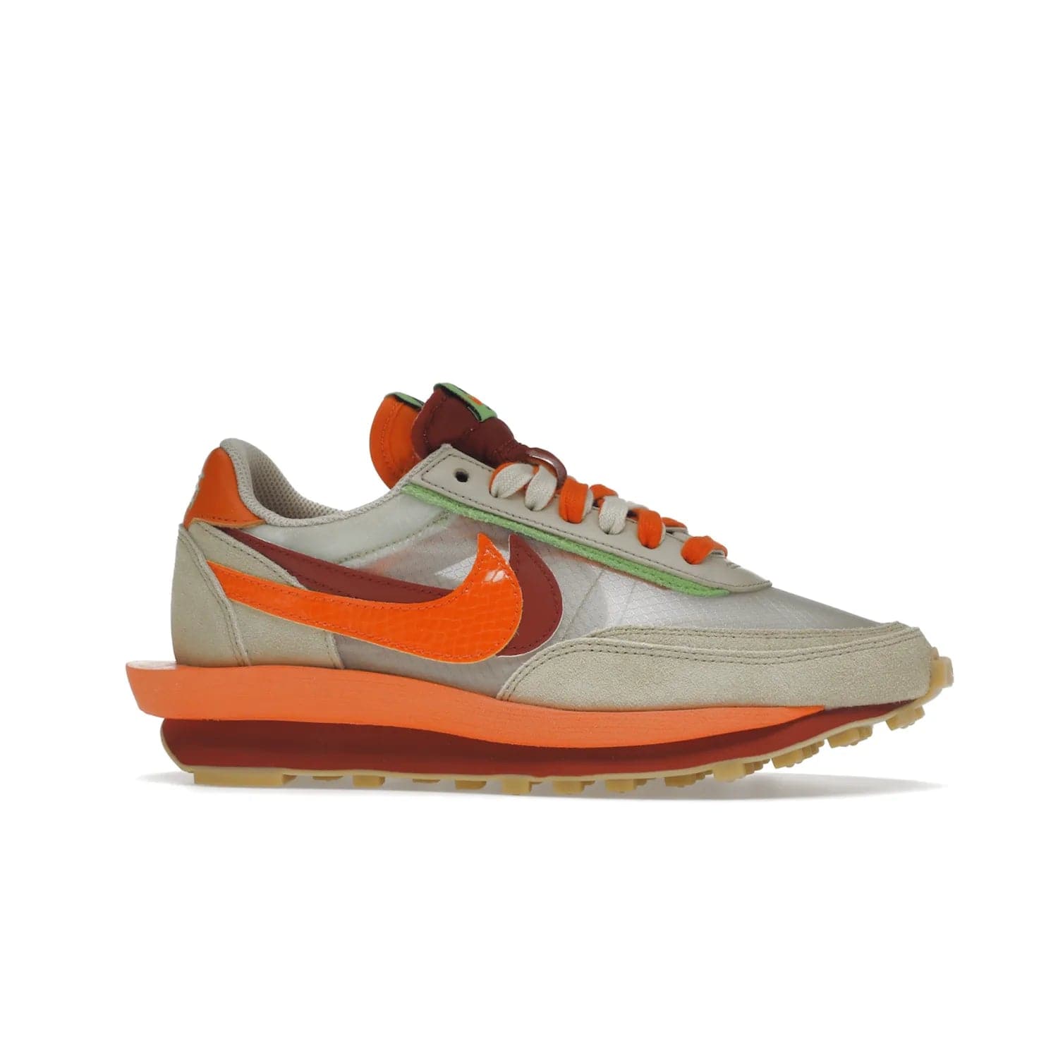 Nike LD Waffle sacai CLOT Kiss of Death Net Orange Blaze - Image 2 - Only at www.BallersClubKickz.com - A bold and stylish Nike LD Waffle sacai CLOT Kiss of Death Net Orange Blaze sneaker featuring a unique off-white, Deep Red & Orange Blaze Swooshes, two-toned stacked sole and doubled tongue. Available in September 2021. Make a statement.