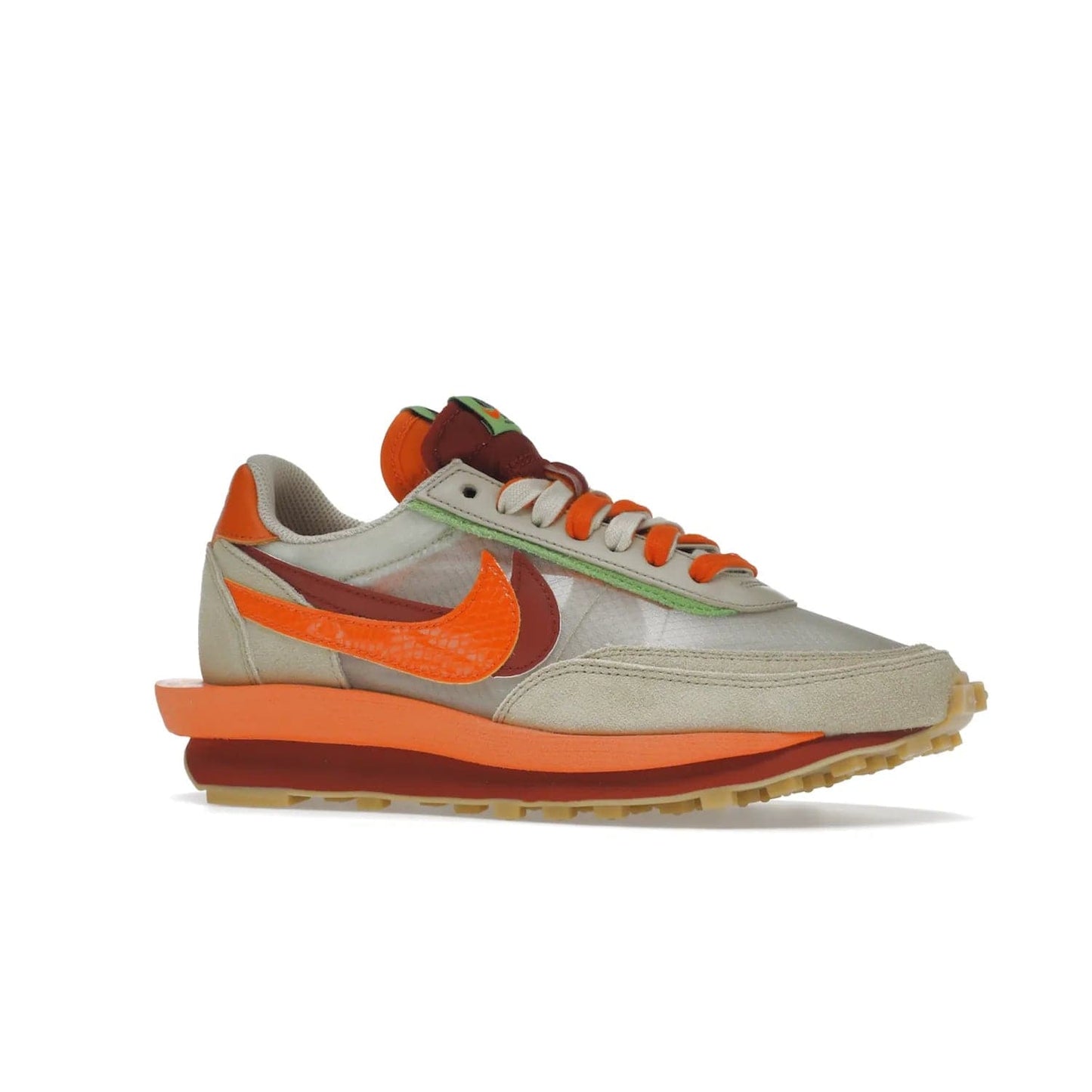 Nike LD Waffle sacai CLOT Kiss of Death Net Orange Blaze - Image 3 - Only at www.BallersClubKickz.com - A bold and stylish Nike LD Waffle sacai CLOT Kiss of Death Net Orange Blaze sneaker featuring a unique off-white, Deep Red & Orange Blaze Swooshes, two-toned stacked sole and doubled tongue. Available in September 2021. Make a statement.