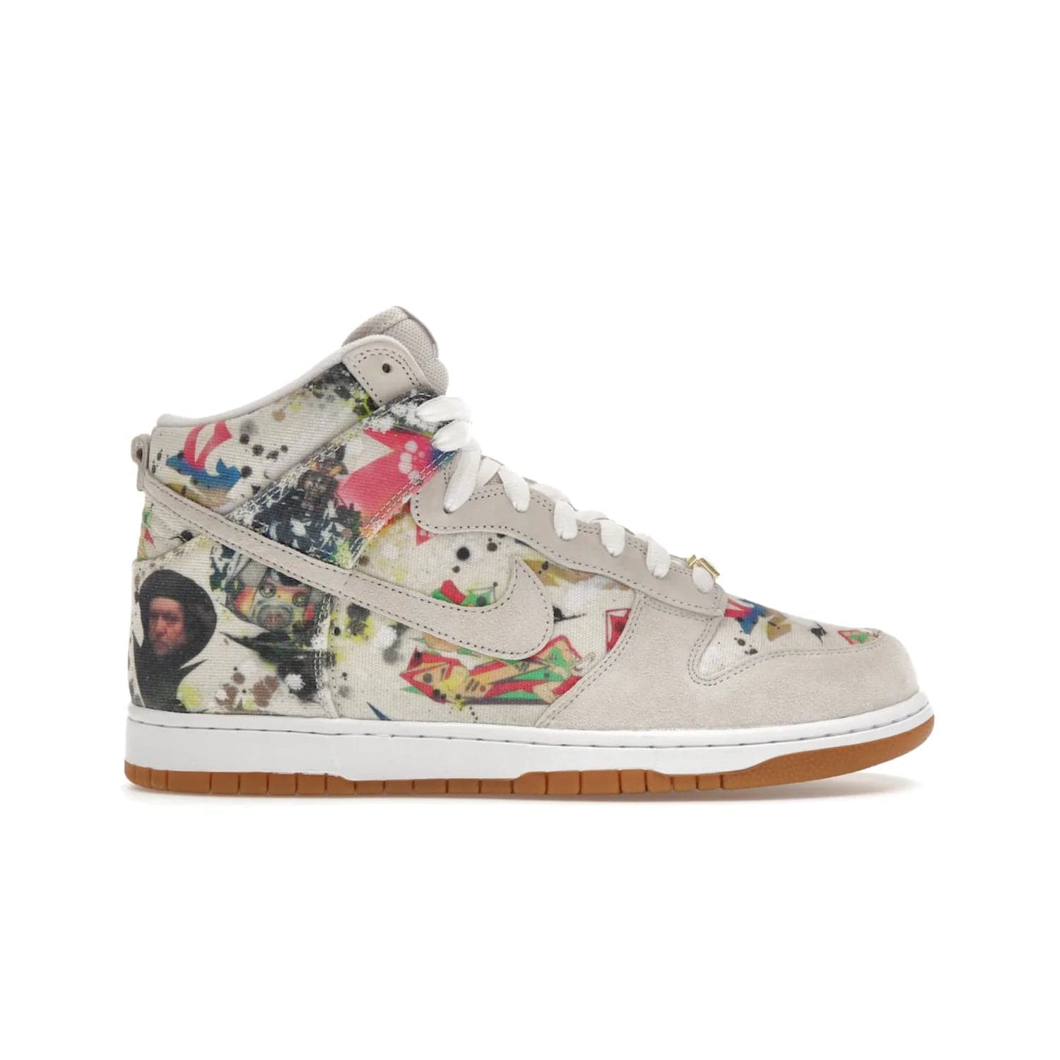 Nike SB Dunk High Supreme Rammellzee - Image 1 - Only at www.BallersClubKickz.com - Introducing Nike SB Dunk High Supreme Rammellzee: a bold sneaker that combines Supreme's audacious style with Rammellzee's vibrant artwork and an abstract colour palette. Launching August 31, 2023.