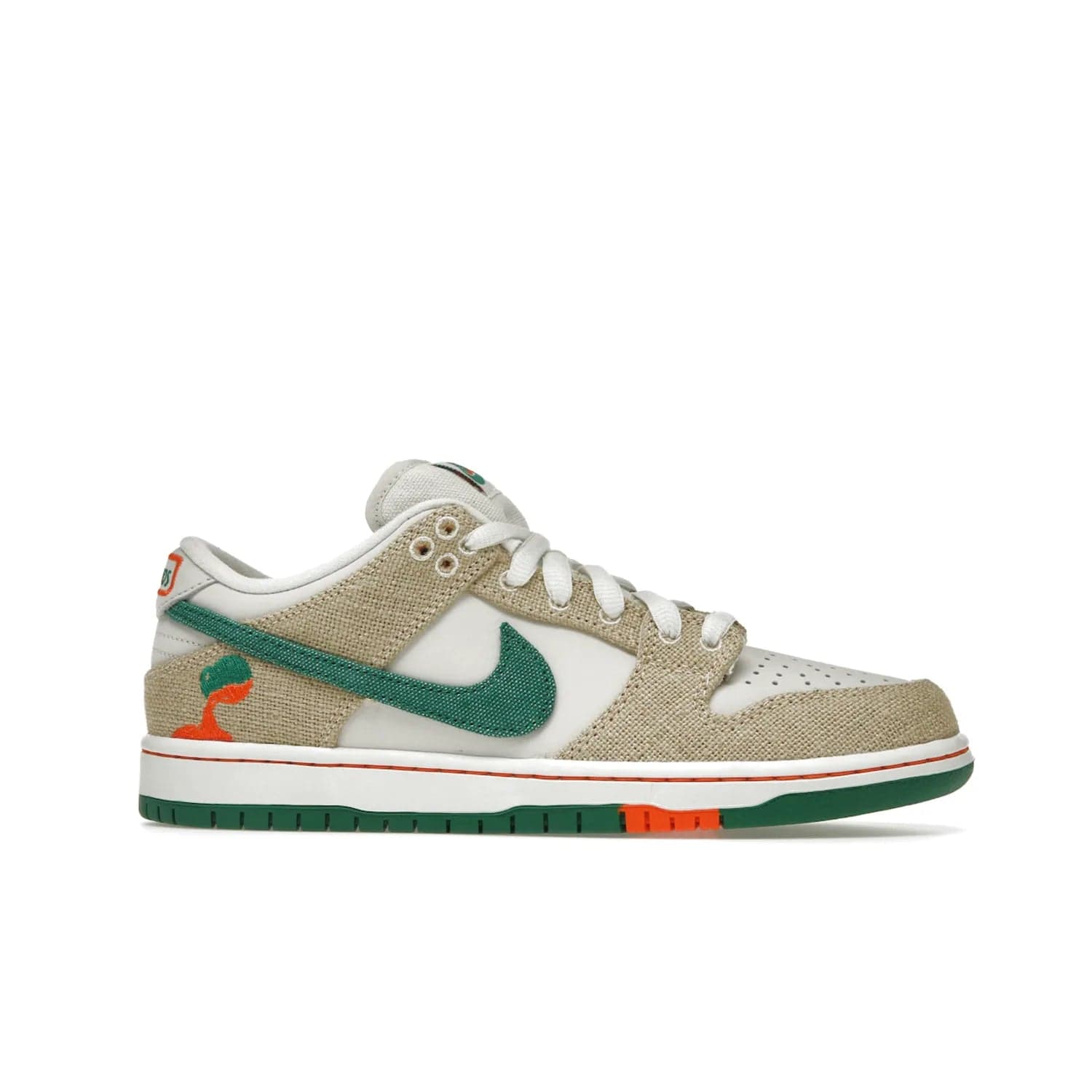 Nike SB Dunk Low Jarritos - Image 2 - Only at www.BallersClubKickz.com - Shop limited edition Nike SB Dunk Low Jarritos! Crafted with white leather and tear-away canvas materials with green accents. Includes orange, green, and white laces to customize your look. Available now.