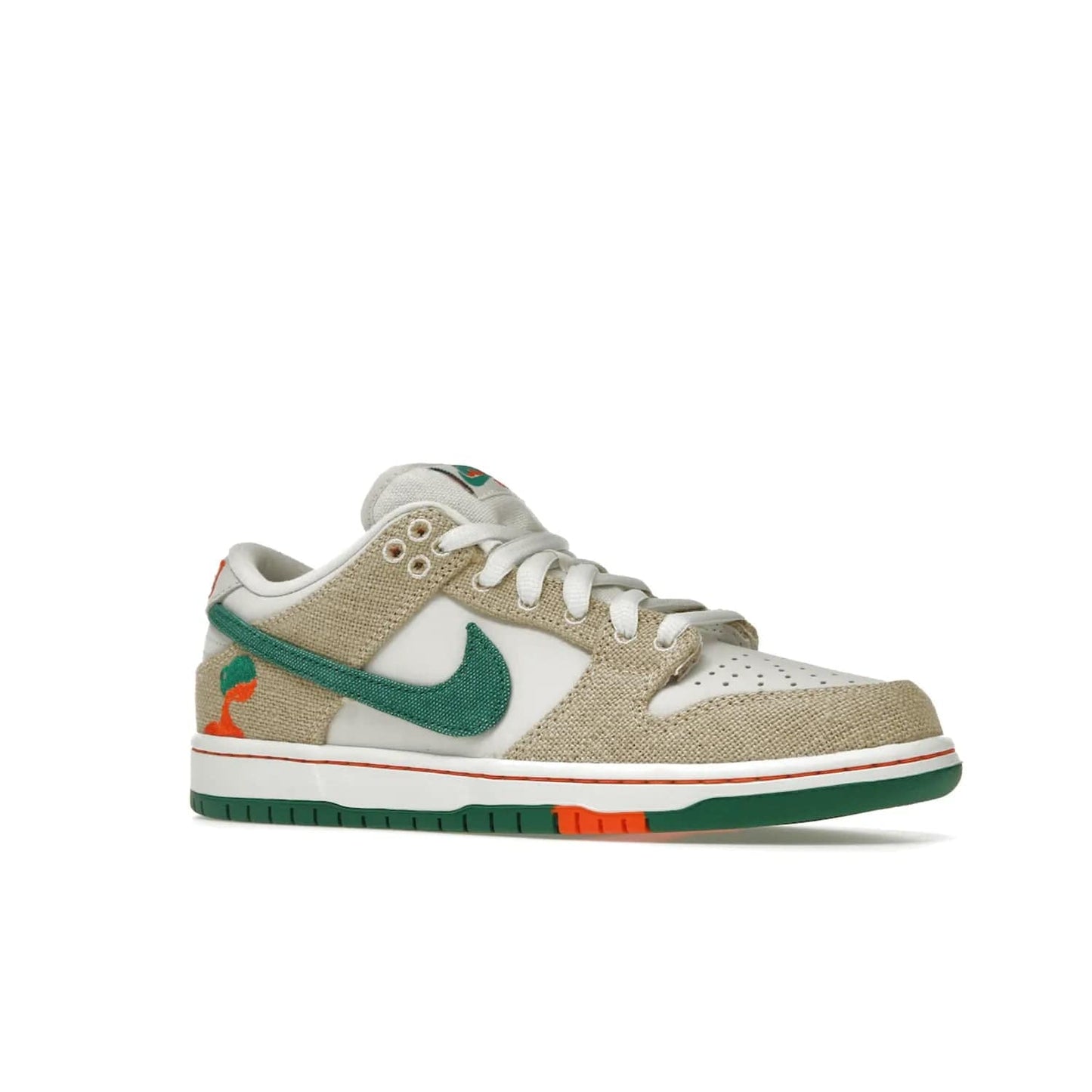 Nike SB Dunk Low Jarritos - Image 4 - Only at www.BallersClubKickz.com - Shop limited edition Nike SB Dunk Low Jarritos! Crafted with white leather and tear-away canvas materials with green accents. Includes orange, green, and white laces to customize your look. Available now.