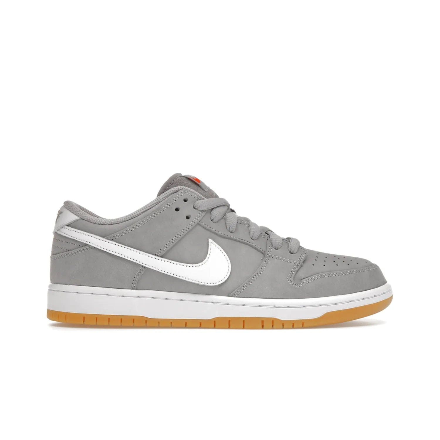 Nike SB Dunk Low Pro ISO Orange Label Wolf Grey Gum - Image 1 - Only at www.BallersClubKickz.com - Introducing Nike's SB Dunk Low Pro ISO Orange Label Wolf Grey Gum - a stylish shoe with a premium Wolf Grey upper, white leather Nike Swoosh, and an eye-catching gum outsole. With special Nike branding and packaging, this shoe adds a unique fashion statement. Out Feb. 24, 2023.