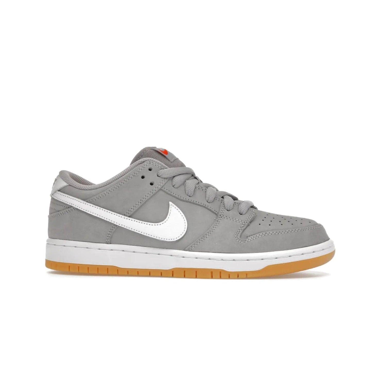 Nike SB Dunk Low Pro ISO Orange Label Wolf Grey Gum - Image 2 - Only at www.BallersClubKickz.com - Introducing Nike's SB Dunk Low Pro ISO Orange Label Wolf Grey Gum - a stylish shoe with a premium Wolf Grey upper, white leather Nike Swoosh, and an eye-catching gum outsole. With special Nike branding and packaging, this shoe adds a unique fashion statement. Out Feb. 24, 2023.