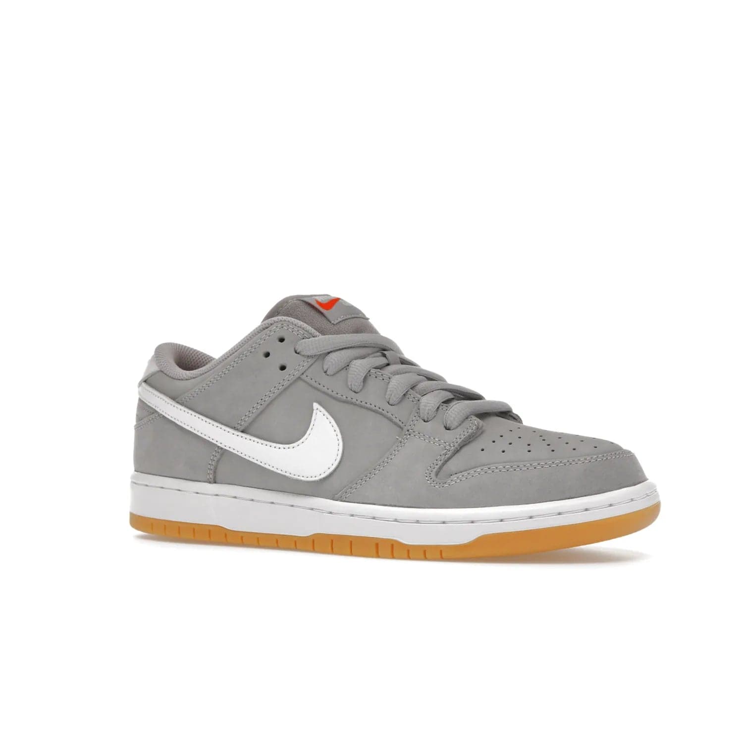 Nike SB Dunk Low Pro ISO Orange Label Wolf Grey Gum - Image 4 - Only at www.BallersClubKickz.com - Introducing Nike's SB Dunk Low Pro ISO Orange Label Wolf Grey Gum - a stylish shoe with a premium Wolf Grey upper, white leather Nike Swoosh, and an eye-catching gum outsole. With special Nike branding and packaging, this shoe adds a unique fashion statement. Out Feb. 24, 2023.