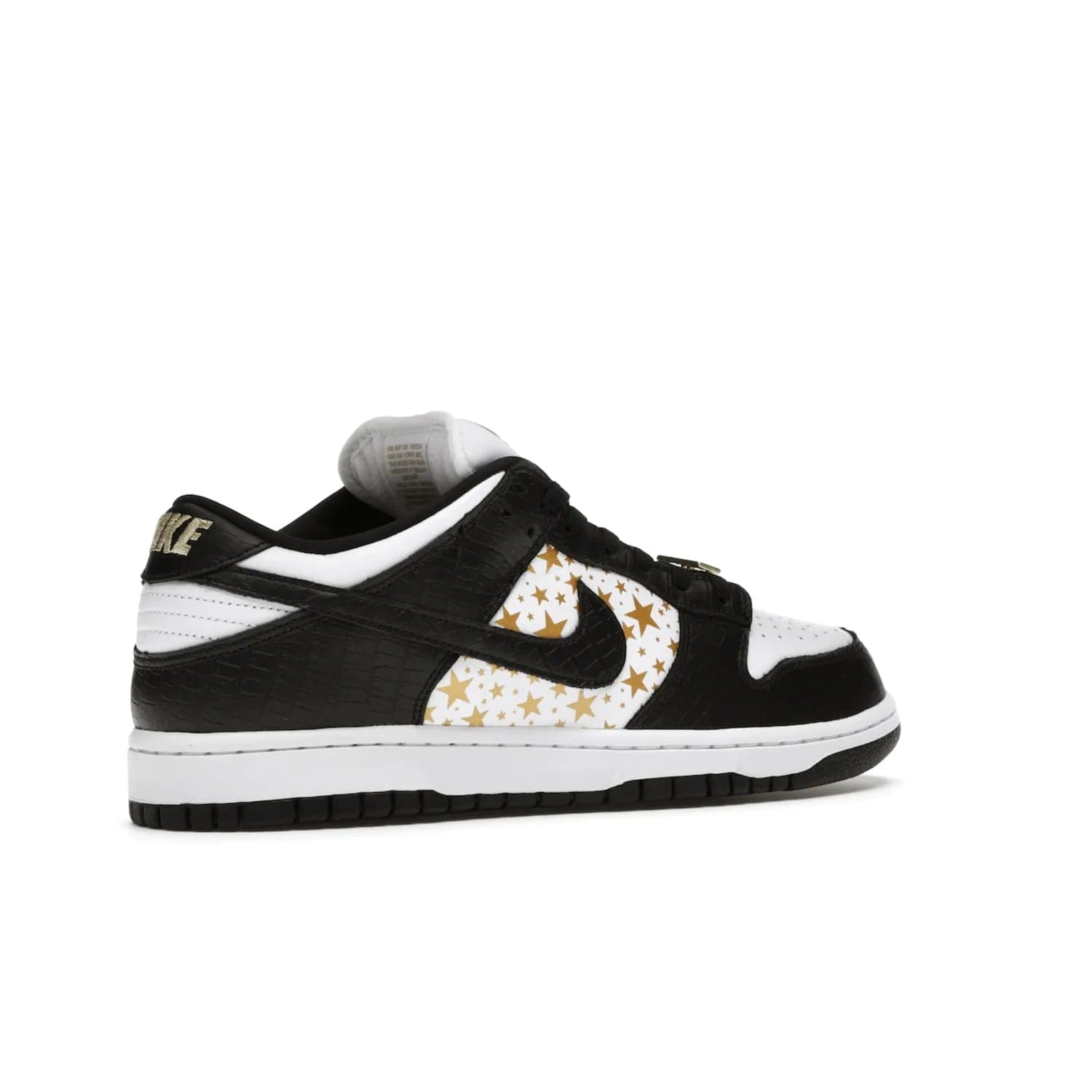 Nike SB Dunk Low Supreme Stars Black (2021) - Image 34 - Only at www.BallersClubKickz.com - Retro style and signature details make the Nike SB Dunk Low Supreme Black a must-have. This special edition shoe features a white leather upper and black croc skin overlays complemented by gold stars and deubré. Enjoy a piece of SB history and grab yours today.