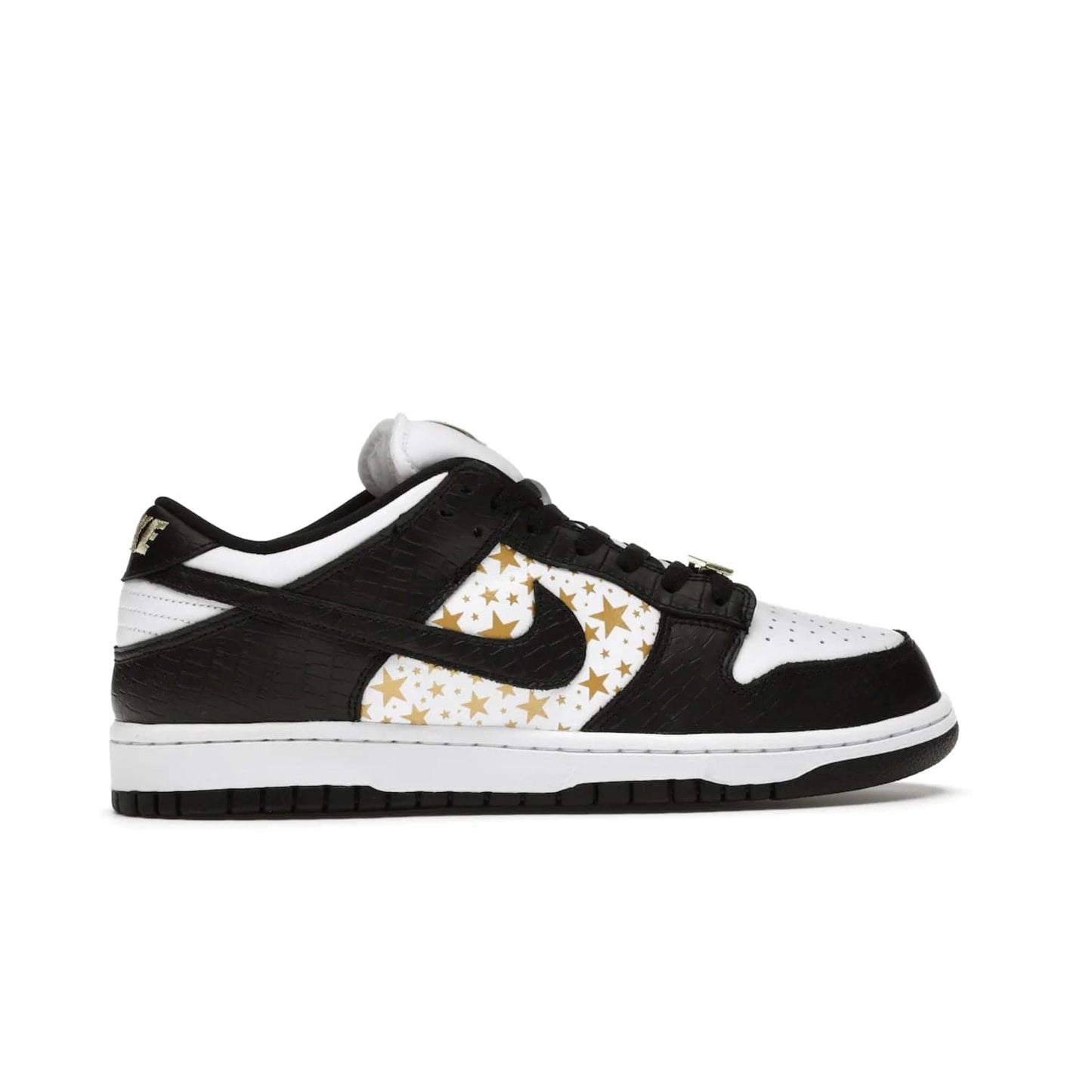 Nike SB Dunk Low Supreme Stars Black (2021) - Image 36 - Only at www.BallersClubKickz.com - Retro style and signature details make the Nike SB Dunk Low Supreme Black a must-have. This special edition shoe features a white leather upper and black croc skin overlays complemented by gold stars and deubré. Enjoy a piece of SB history and grab yours today.