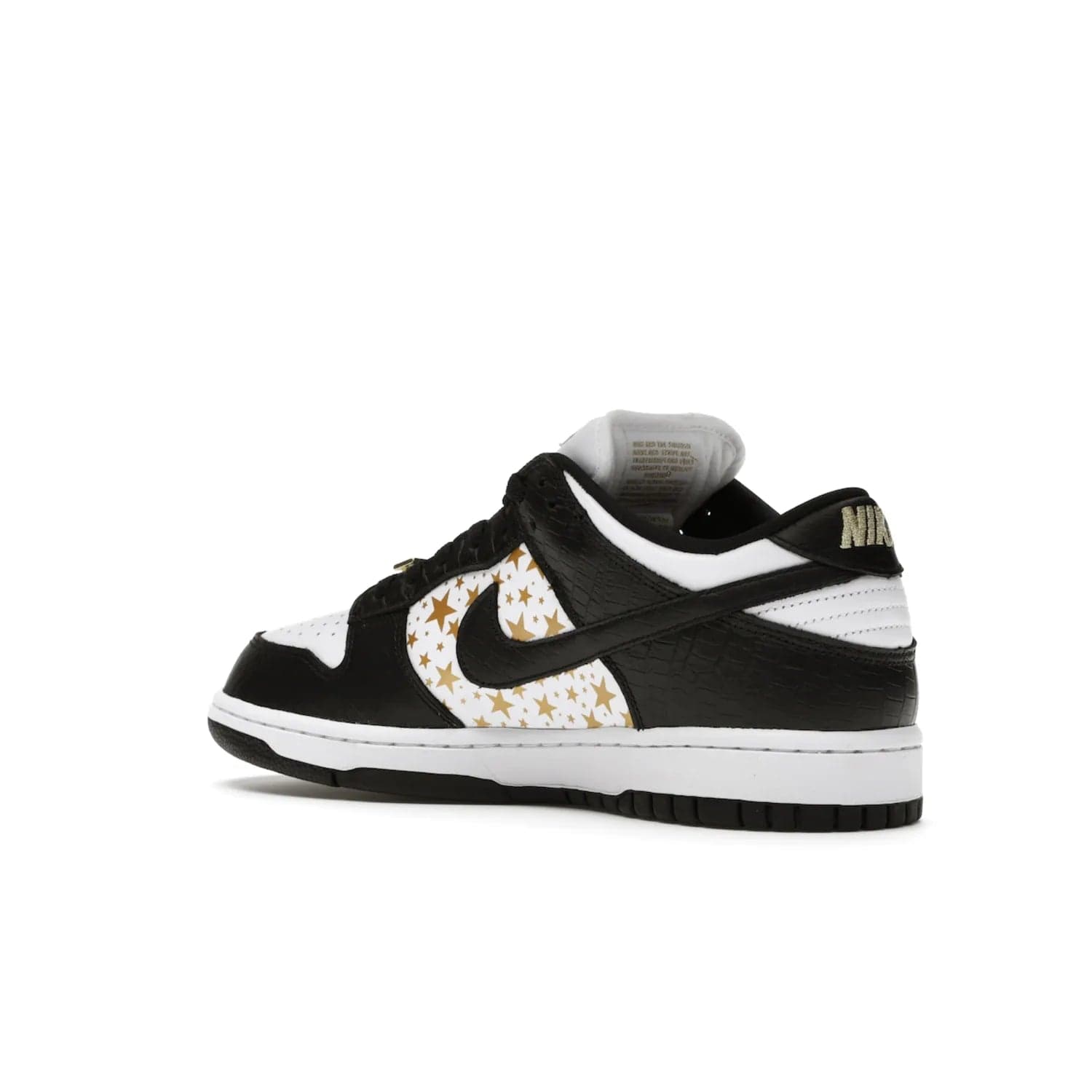 Nike SB Dunk Low Supreme Stars Black (2021) - Image 23 - Only at www.BallersClubKickz.com - Retro style and signature details make the Nike SB Dunk Low Supreme Black a must-have. This special edition shoe features a white leather upper and black croc skin overlays complemented by gold stars and deubré. Enjoy a piece of SB history and grab yours today.