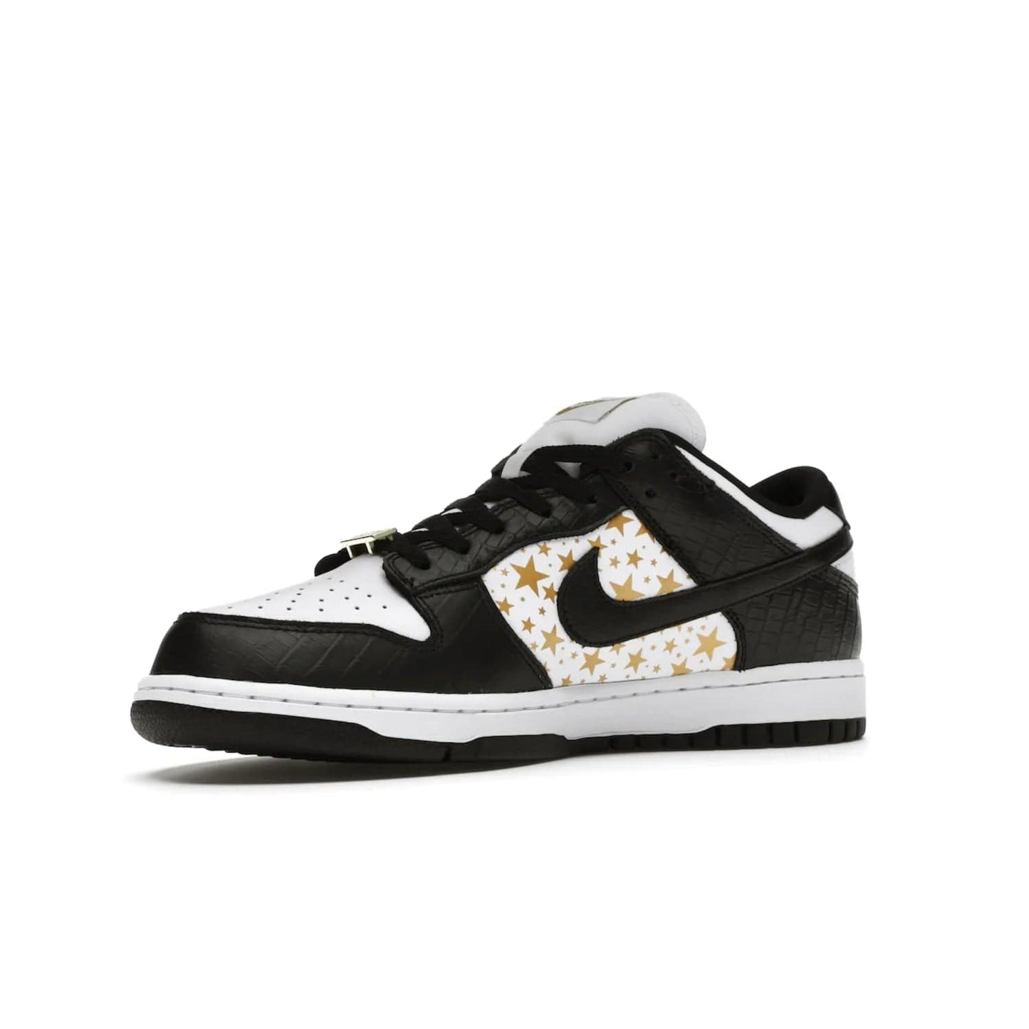 Nike SB Dunk Low Supreme Stars Black (2021) - Image 16 - Only at www.BallersClubKickz.com - Retro style and signature details make the Nike SB Dunk Low Supreme Black a must-have. This special edition shoe features a white leather upper and black croc skin overlays complemented by gold stars and deubré. Enjoy a piece of SB history and grab yours today.