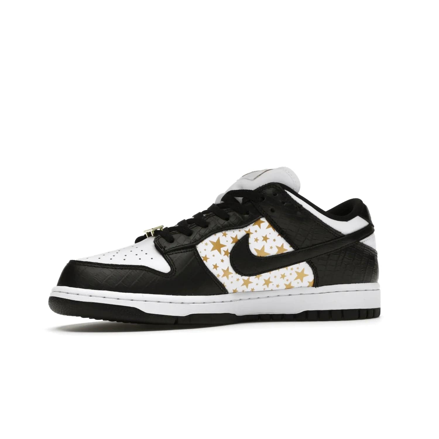 Nike SB Dunk Low Supreme Stars Black (2021) - Image 17 - Only at www.BallersClubKickz.com - Retro style and signature details make the Nike SB Dunk Low Supreme Black a must-have. This special edition shoe features a white leather upper and black croc skin overlays complemented by gold stars and deubré. Enjoy a piece of SB history and grab yours today.
