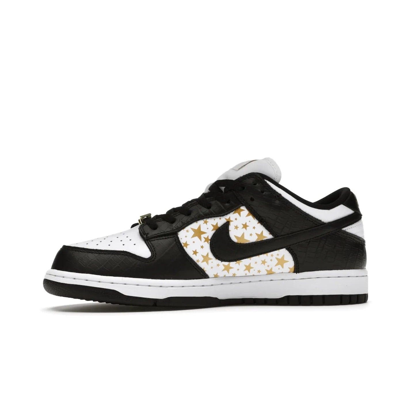 Nike SB Dunk Low Supreme Stars Black (2021) - Image 18 - Only at www.BallersClubKickz.com - Retro style and signature details make the Nike SB Dunk Low Supreme Black a must-have. This special edition shoe features a white leather upper and black croc skin overlays complemented by gold stars and deubré. Enjoy a piece of SB history and grab yours today.