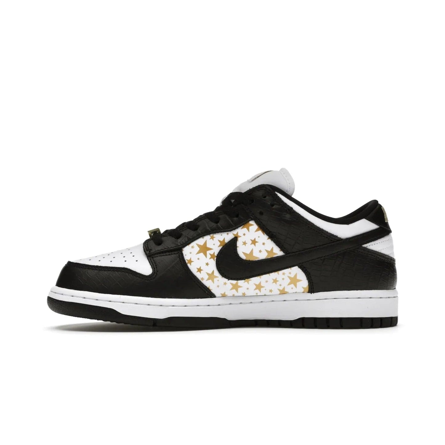 Nike SB Dunk Low Supreme Stars Black (2021) - Image 19 - Only at www.BallersClubKickz.com - Retro style and signature details make the Nike SB Dunk Low Supreme Black a must-have. This special edition shoe features a white leather upper and black croc skin overlays complemented by gold stars and deubré. Enjoy a piece of SB history and grab yours today.