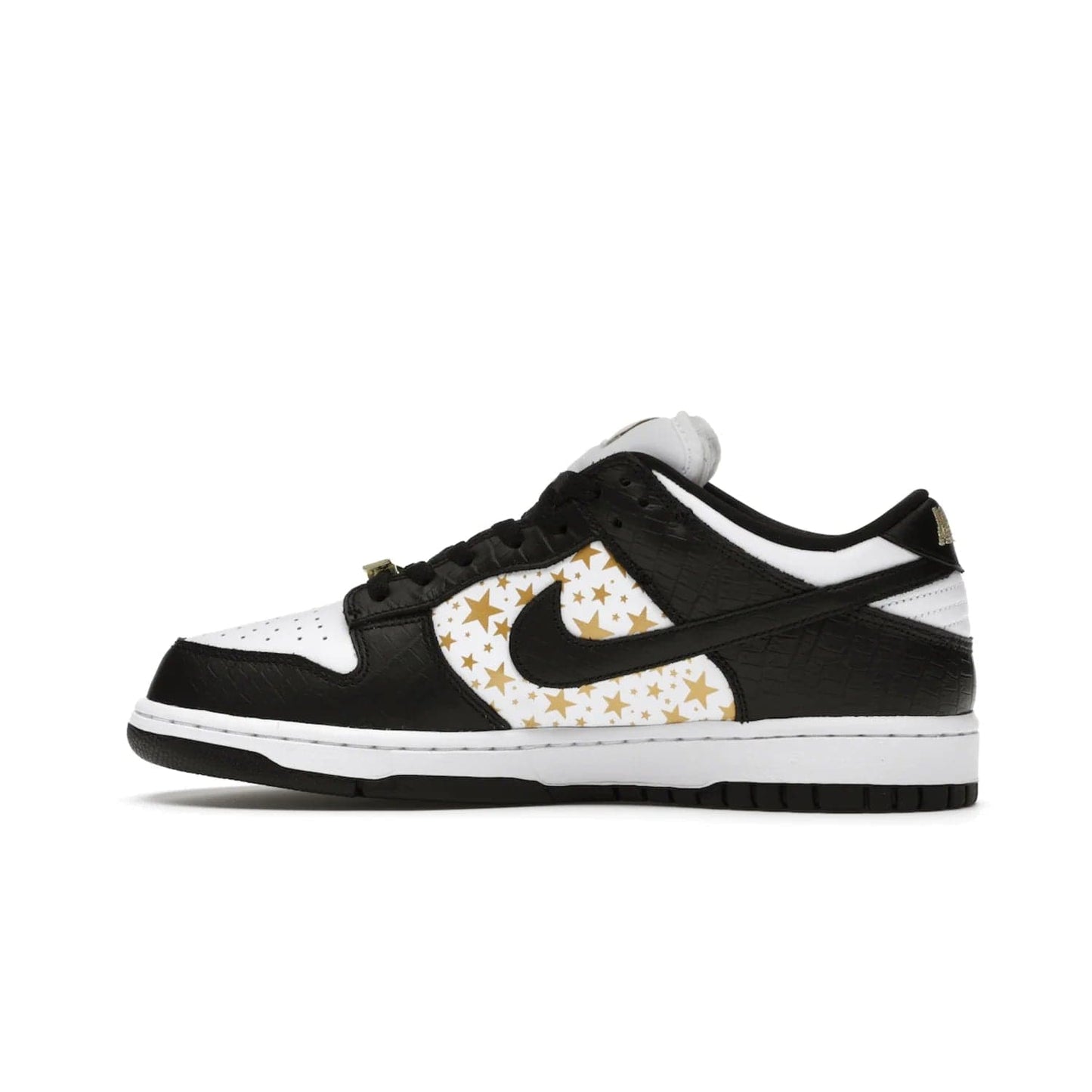 Nike SB Dunk Low Supreme Stars Black (2021) - Image 20 - Only at www.BallersClubKickz.com - Retro style and signature details make the Nike SB Dunk Low Supreme Black a must-have. This special edition shoe features a white leather upper and black croc skin overlays complemented by gold stars and deubré. Enjoy a piece of SB history and grab yours today.