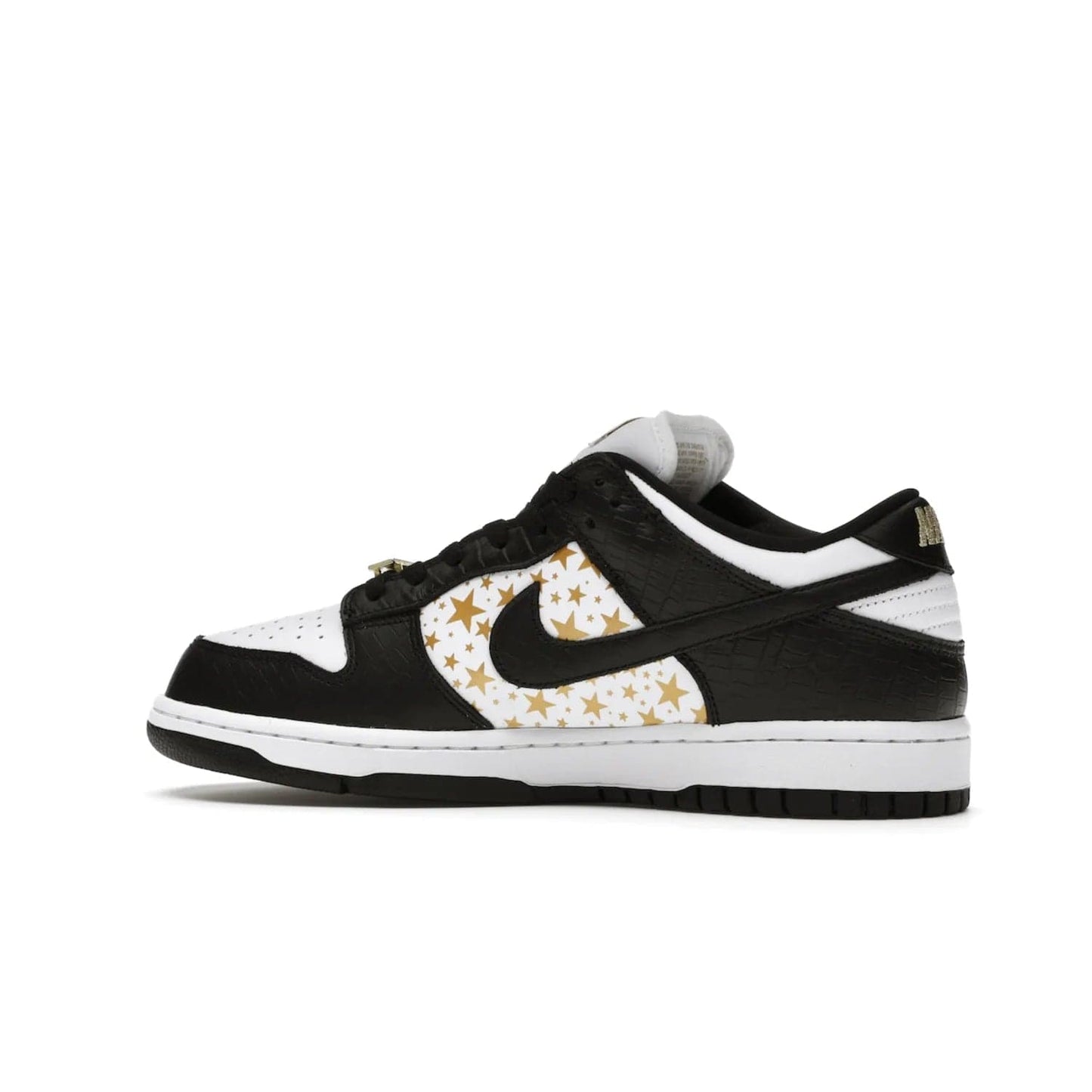 Nike SB Dunk Low Supreme Stars Black (2021) - Image 21 - Only at www.BallersClubKickz.com - Retro style and signature details make the Nike SB Dunk Low Supreme Black a must-have. This special edition shoe features a white leather upper and black croc skin overlays complemented by gold stars and deubré. Enjoy a piece of SB history and grab yours today.