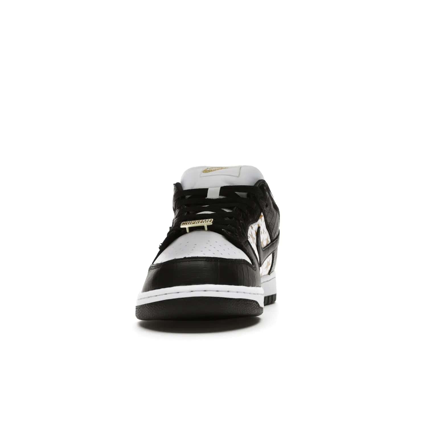 Nike SB Dunk Low Supreme Stars Black (2021) - Image 11 - Only at www.BallersClubKickz.com - Retro style and signature details make the Nike SB Dunk Low Supreme Black a must-have. This special edition shoe features a white leather upper and black croc skin overlays complemented by gold stars and deubré. Enjoy a piece of SB history and grab yours today.
