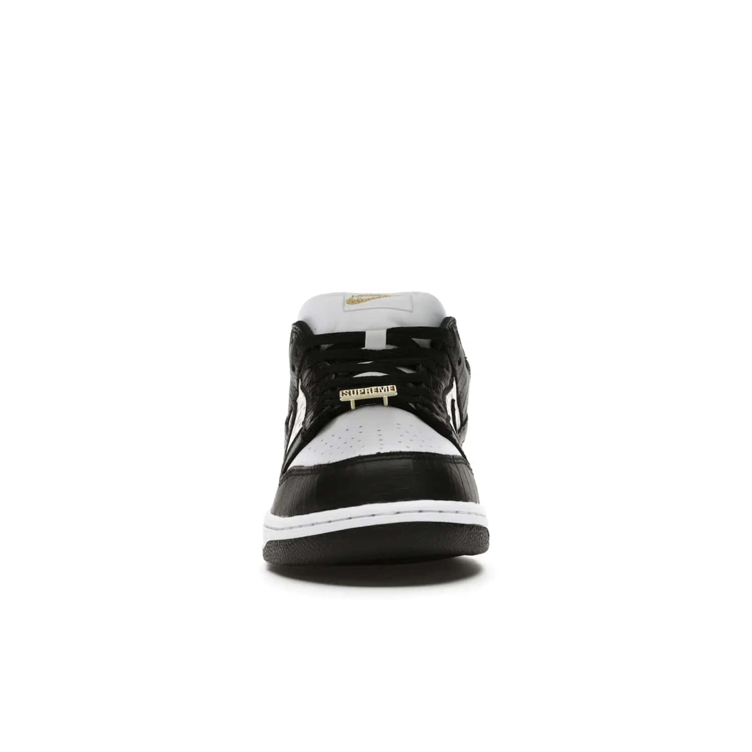 Nike SB Dunk Low Supreme Stars Black (2021) - Image 10 - Only at www.BallersClubKickz.com - Retro style and signature details make the Nike SB Dunk Low Supreme Black a must-have. This special edition shoe features a white leather upper and black croc skin overlays complemented by gold stars and deubré. Enjoy a piece of SB history and grab yours today.