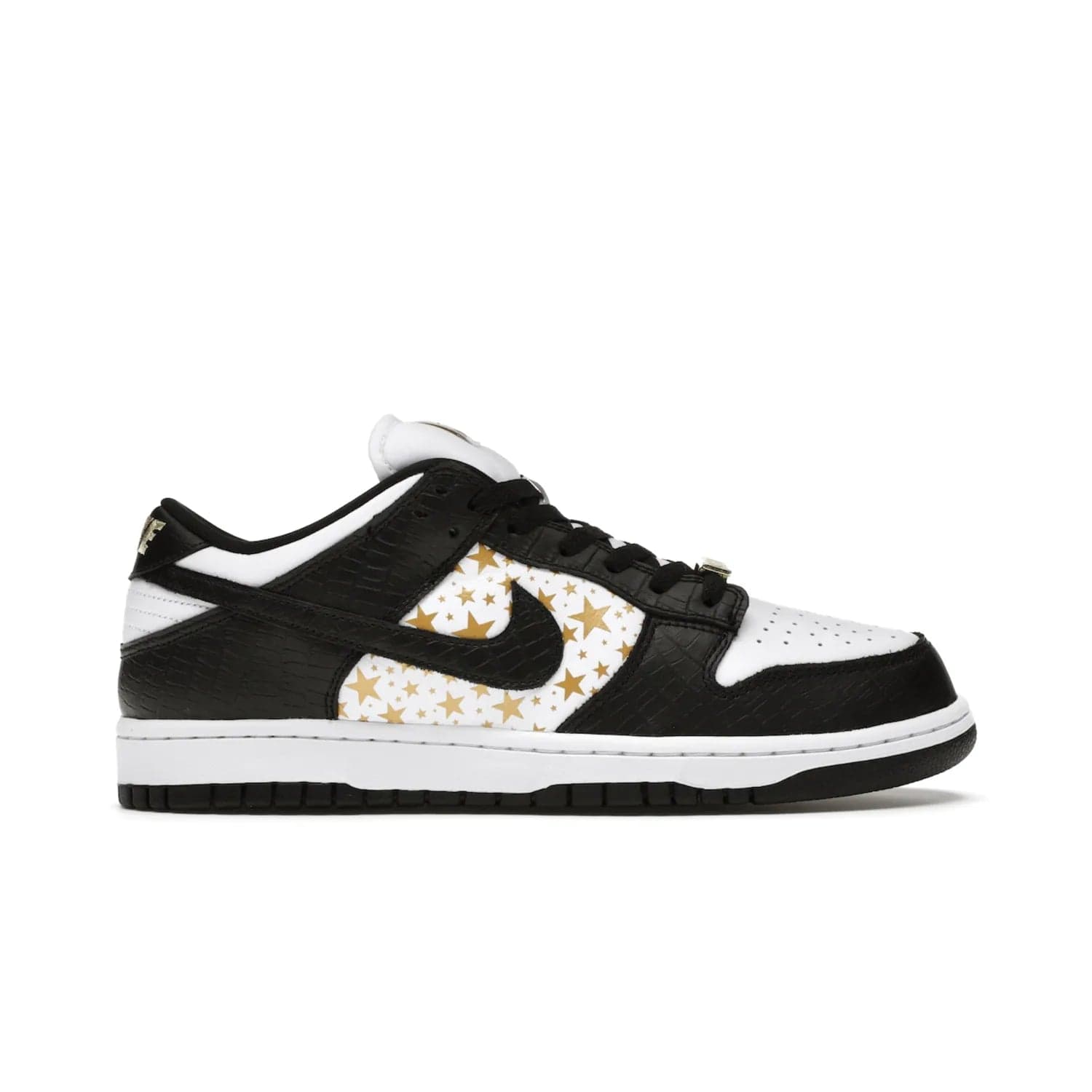 Nike SB Dunk Low Supreme Stars Black (2021) - Image 1 - Only at www.BallersClubKickz.com - Retro style and signature details make the Nike SB Dunk Low Supreme Black a must-have. This special edition shoe features a white leather upper and black croc skin overlays complemented by gold stars and deubré. Enjoy a piece of SB history and grab yours today.