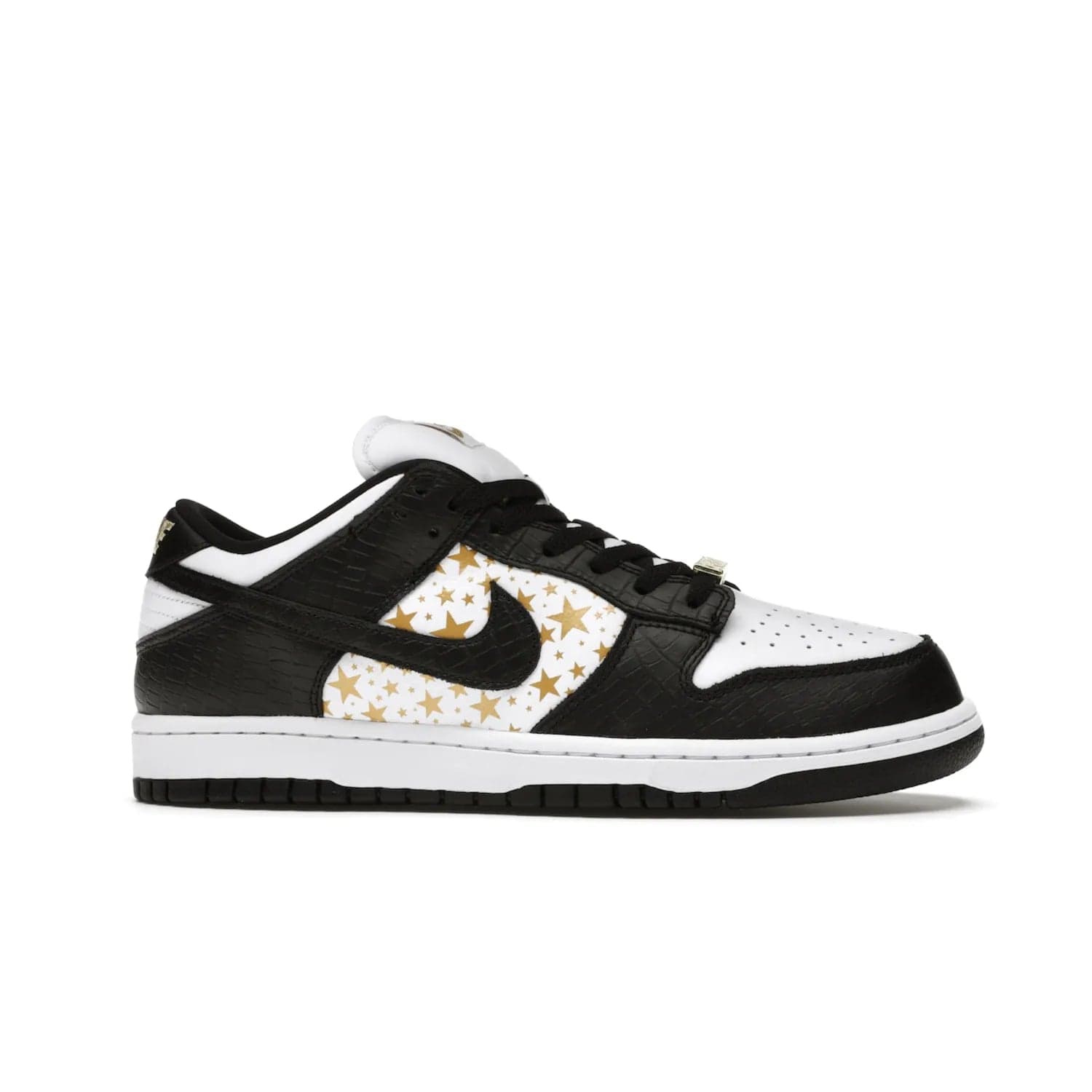 Nike SB Dunk Low Supreme Stars Black (2021) - Image 2 - Only at www.BallersClubKickz.com - Retro style and signature details make the Nike SB Dunk Low Supreme Black a must-have. This special edition shoe features a white leather upper and black croc skin overlays complemented by gold stars and deubré. Enjoy a piece of SB history and grab yours today.