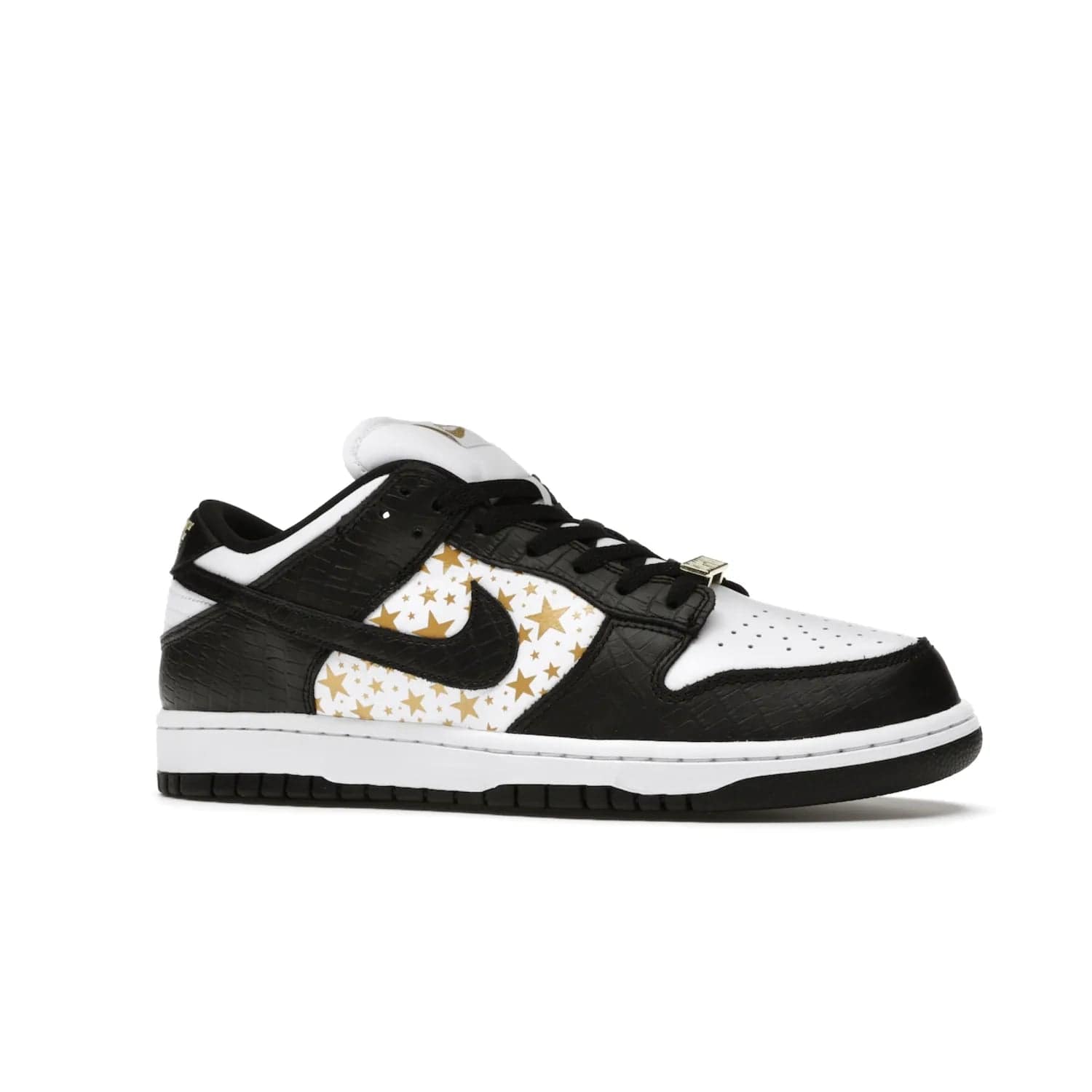 Nike SB Dunk Low Supreme Stars Black (2021) - Image 3 - Only at www.BallersClubKickz.com - Retro style and signature details make the Nike SB Dunk Low Supreme Black a must-have. This special edition shoe features a white leather upper and black croc skin overlays complemented by gold stars and deubré. Enjoy a piece of SB history and grab yours today.