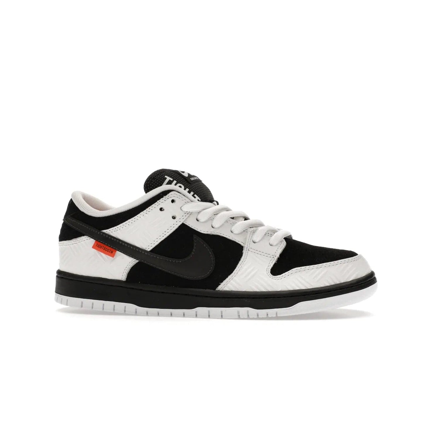 Nike SB Dunk Low TIGHTBOOTH - Image 2 - Only at www.BallersClubKickz.com - Releasing Nov 14, 2023, the TIGHTBOOTH Nike SB Dunk Low celebrates street skating and the urban streets. The White/Black-Safety Orange hue captures the energy and feel of the board and provides superior performance and bold style. Be ready to take on the black of night and make your mark on street culture.