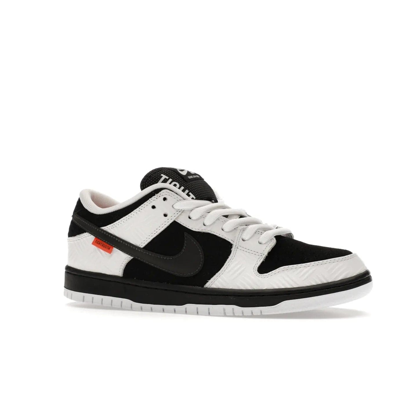 Nike SB Dunk Low TIGHTBOOTH - Image 3 - Only at www.BallersClubKickz.com - Releasing Nov 14, 2023, the TIGHTBOOTH Nike SB Dunk Low celebrates street skating and the urban streets. The White/Black-Safety Orange hue captures the energy and feel of the board and provides superior performance and bold style. Be ready to take on the black of night and make your mark on street culture.