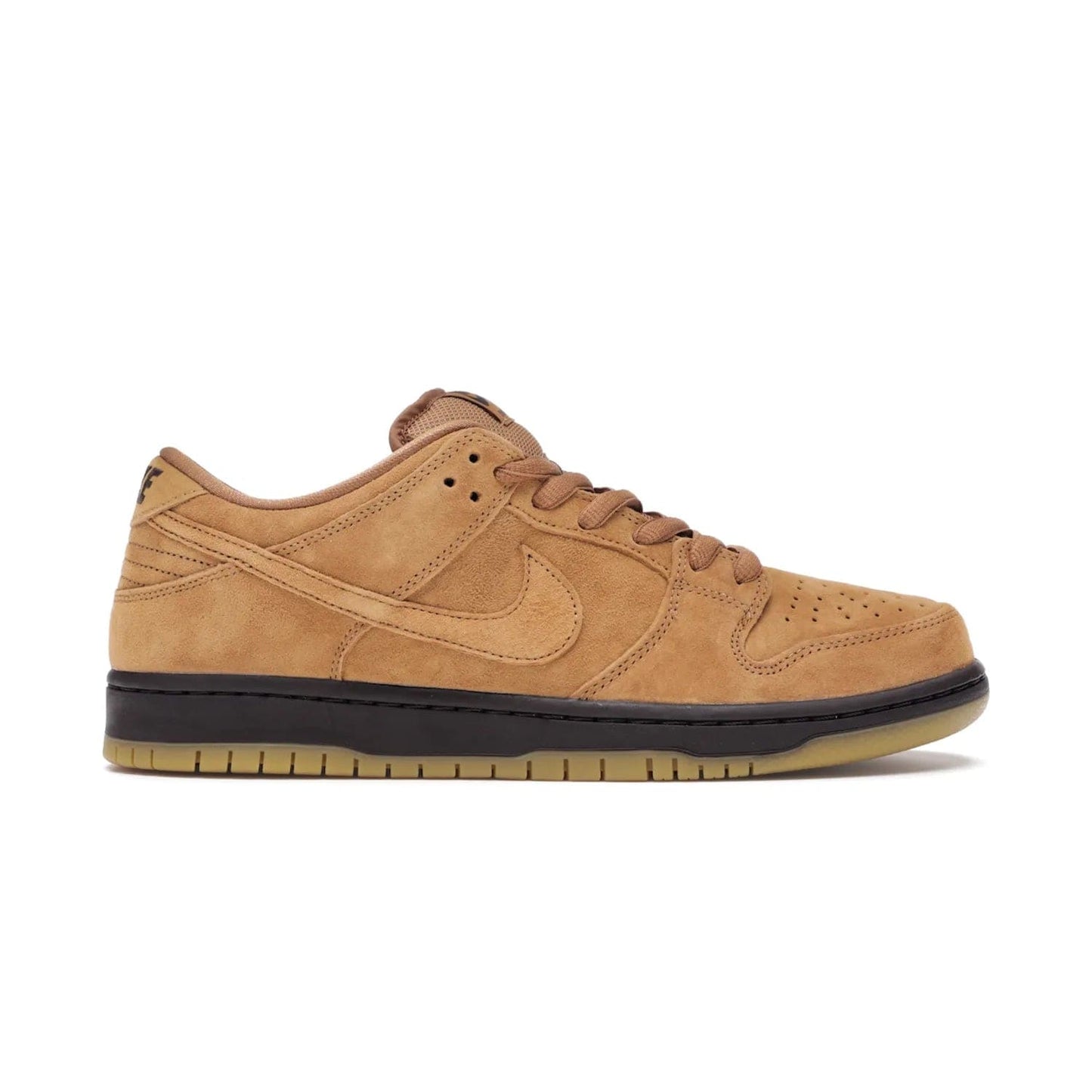 Nike SB Dunk Low Wheat (2021/2023) - Image 1 - Only at www.BallersClubKickz.com - The Nike SB Dunk Low Wheat (2021/2023)has a sleek silhouette and wheat suede upper. Tan tones for lining, mesh tongues, and laces. Iconic color palette midsole, perforated boxing toe. Brown branding on tongue and heel. Gum rubber outsole with partitioned pattern for traction. Eschewed in Feb 2021 for $110.