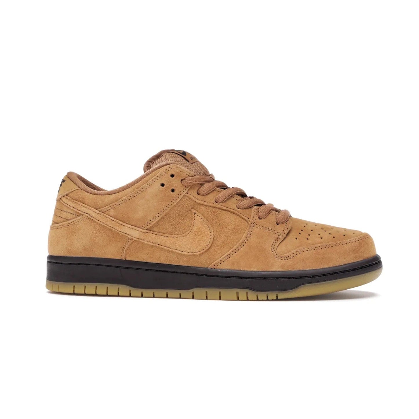 Nike SB Dunk Low Wheat (2021/2023) - Image 2 - Only at www.BallersClubKickz.com - The Nike SB Dunk Low Wheat (2021/2023)has a sleek silhouette and wheat suede upper. Tan tones for lining, mesh tongues, and laces. Iconic color palette midsole, perforated boxing toe. Brown branding on tongue and heel. Gum rubber outsole with partitioned pattern for traction. Eschewed in Feb 2021 for $110.