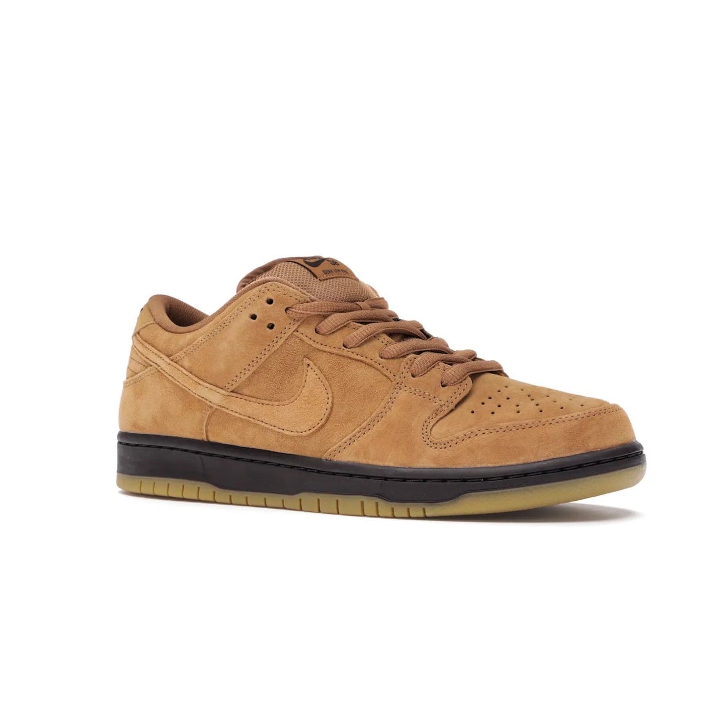 Nike SB Dunk Low Wheat (2021/2023) - Image 4 - Only at www.BallersClubKickz.com - The Nike SB Dunk Low Wheat (2021/2023)has a sleek silhouette and wheat suede upper. Tan tones for lining, mesh tongues, and laces. Iconic color palette midsole, perforated boxing toe. Brown branding on tongue and heel. Gum rubber outsole with partitioned pattern for traction. Eschewed in Feb 2021 for $110.