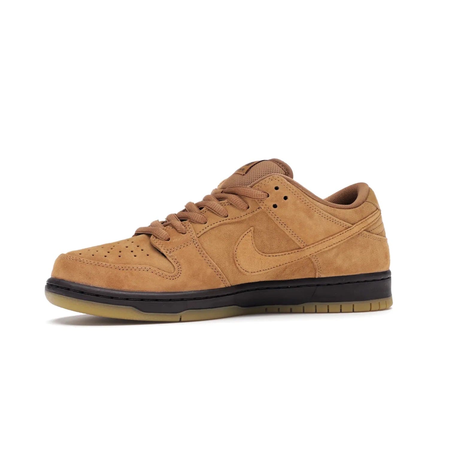 Nike SB Dunk Low Wheat (2021/2023) - Image 17 - Only at www.BallersClubKickz.com - The Nike SB Dunk Low Wheat (2021/2023)has a sleek silhouette and wheat suede upper. Tan tones for lining, mesh tongues, and laces. Iconic color palette midsole, perforated boxing toe. Brown branding on tongue and heel. Gum rubber outsole with partitioned pattern for traction. Eschewed in Feb 2021 for $110.