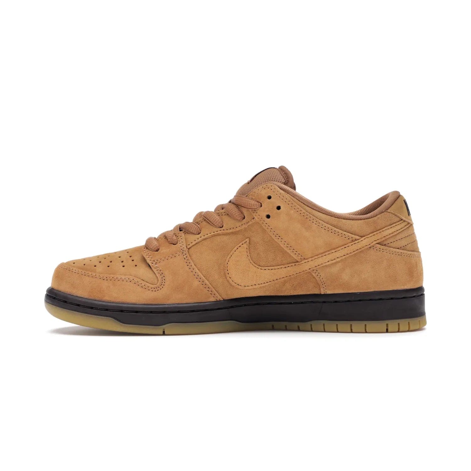 Nike SB Dunk Low Wheat (2021/2023) - Image 19 - Only at www.BallersClubKickz.com - The Nike SB Dunk Low Wheat (2021/2023)has a sleek silhouette and wheat suede upper. Tan tones for lining, mesh tongues, and laces. Iconic color palette midsole, perforated boxing toe. Brown branding on tongue and heel. Gum rubber outsole with partitioned pattern for traction. Eschewed in Feb 2021 for $110.